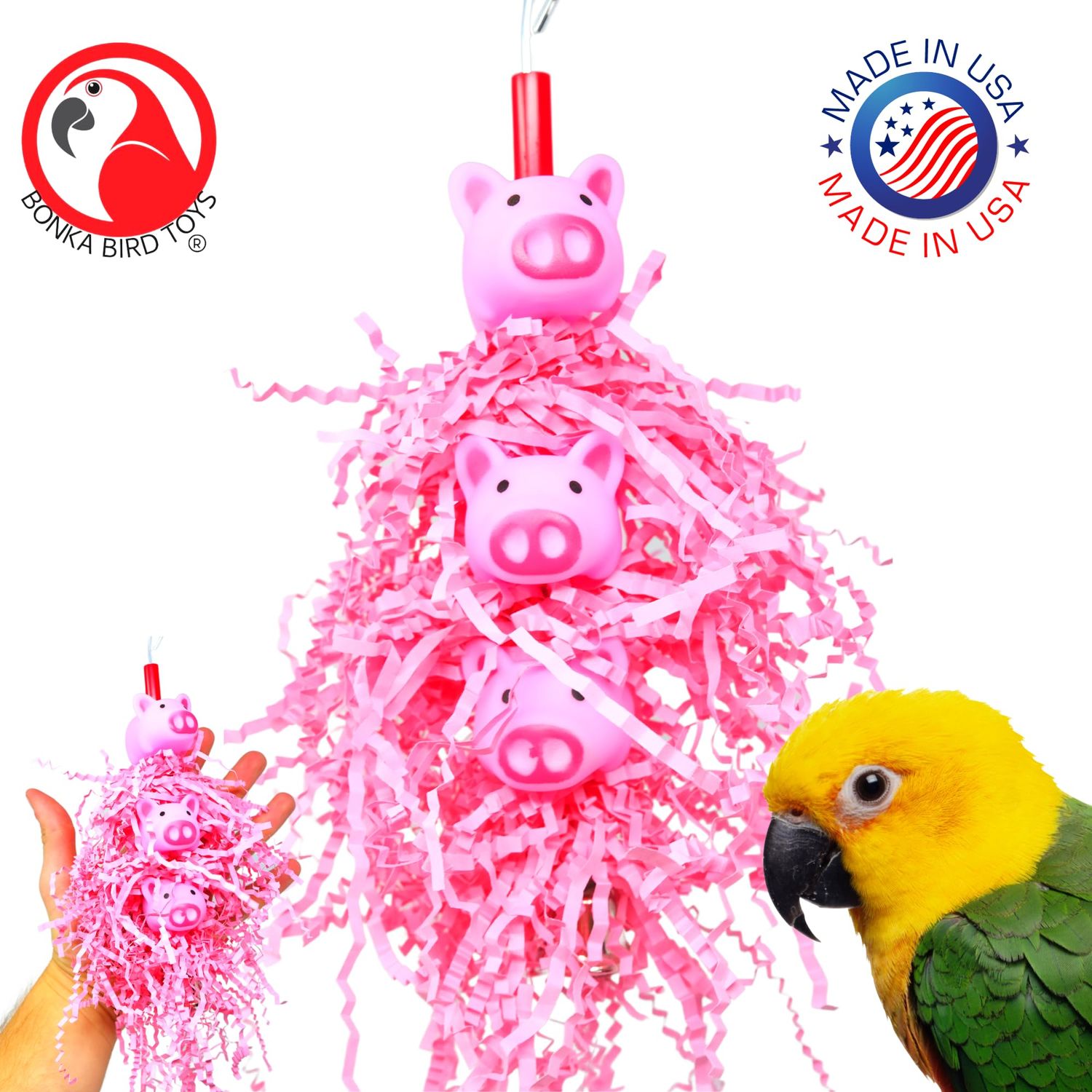 Bonka Bird Toys 2959 Three Little Pigs 9" x 3.50", Parrot, Chew Preen Cage Toy, Conure, Cockatiel, Parakeet, and Similar