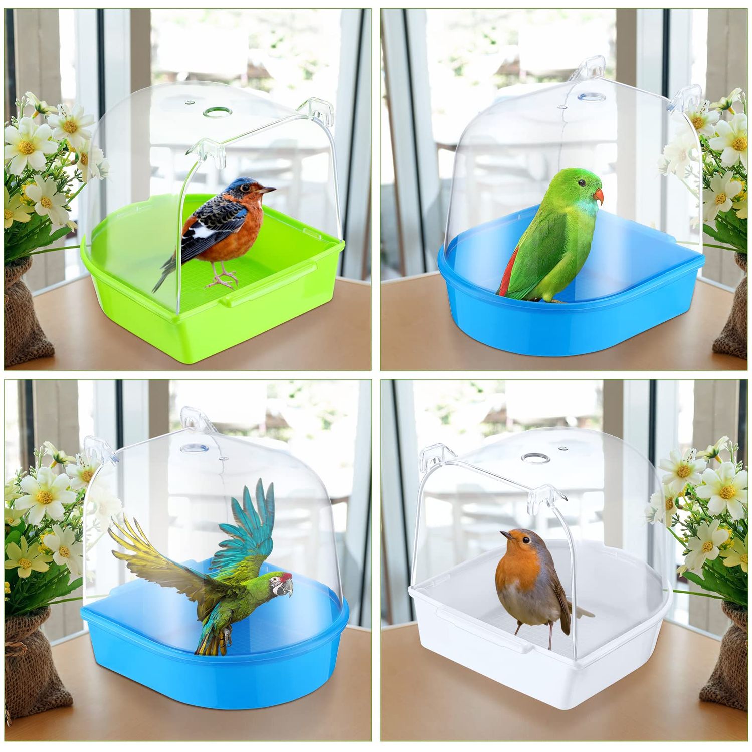 3 Pieces Clear Bird Bath for Cage Parakeet Bird Cage Accessories Hanging Bath Box Parrot Bathing Tub with Clear View for Cockatiel Conure Canary Budgies Parrots Blue Green White