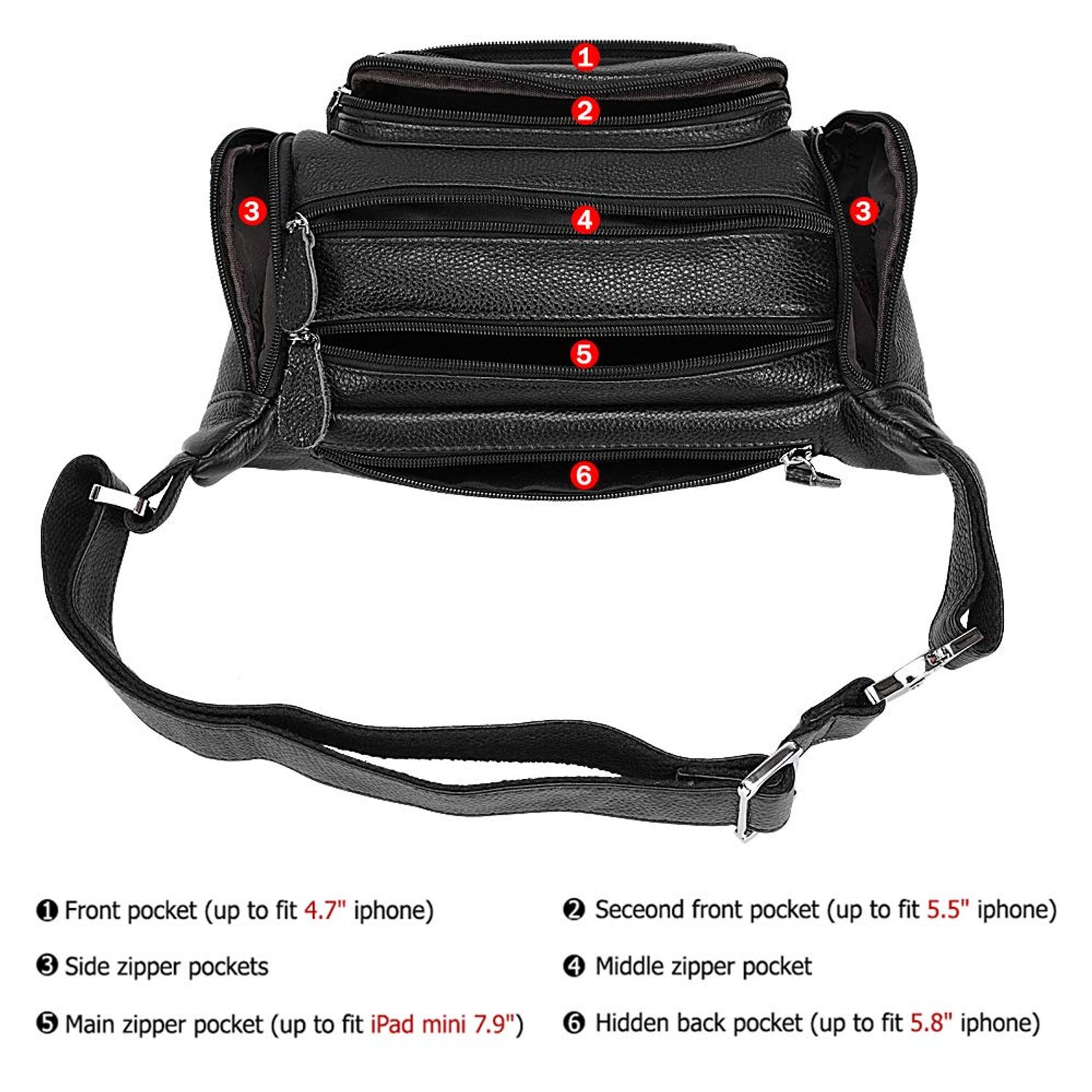 TIDING Men's Genuine Leather Fanny Pack Large Capacity Work Office Travel Waist Bag, Black
