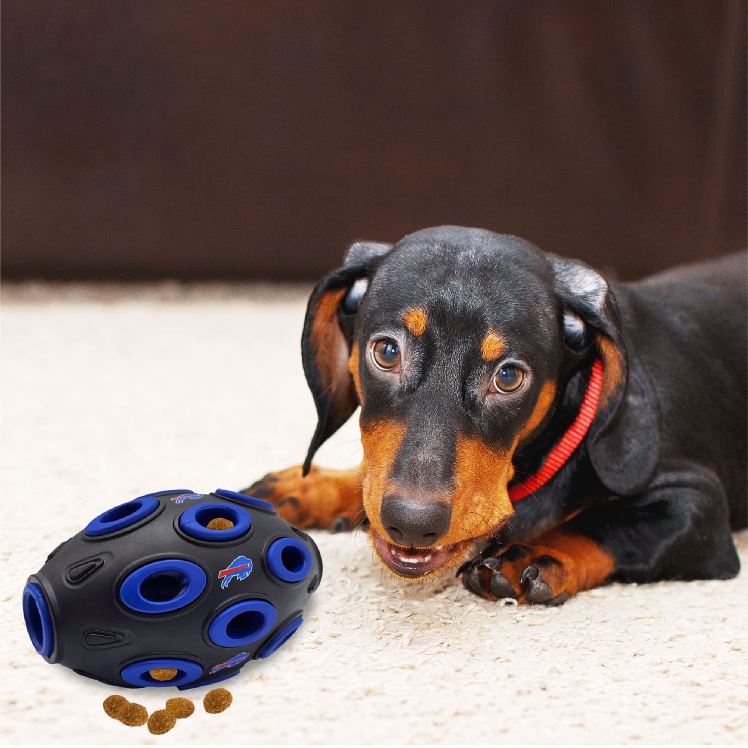 NFL Buffalo Bills Football Treat Dispensing Toy for Dogs and Cats, Rubber Ball Dog Toy, Interactive Fun Dog Treat Toy, Natural Rubber Dog Feeding Toy