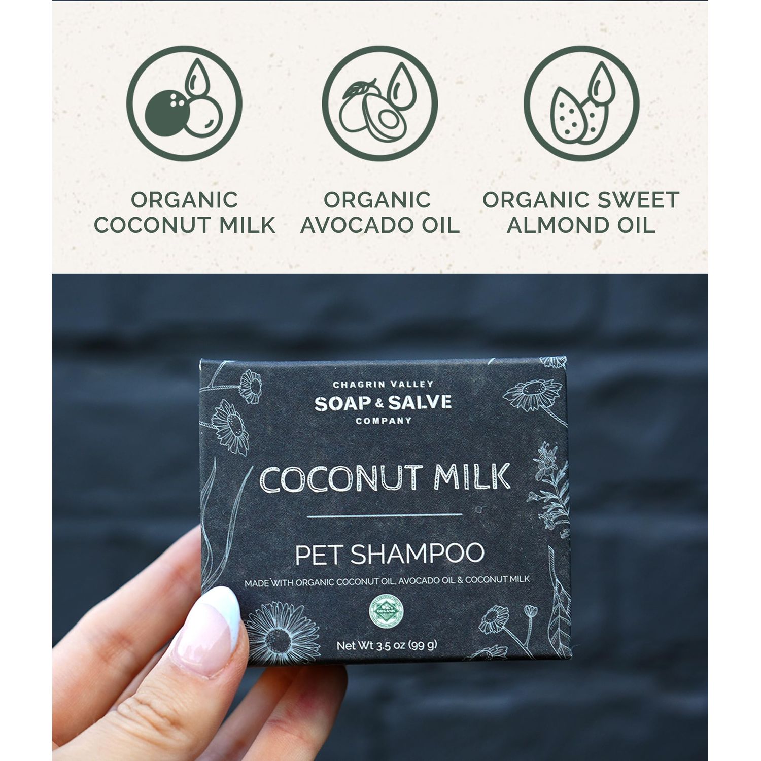 Chagrin Valley Soap & Salve Certified Organic Dog Shampoo and Conditioner – Dog Shampoo Itchy Skin Relief and Puppy Essentials - Natural Handmade Coconut Milk, 3.8 oz Bar