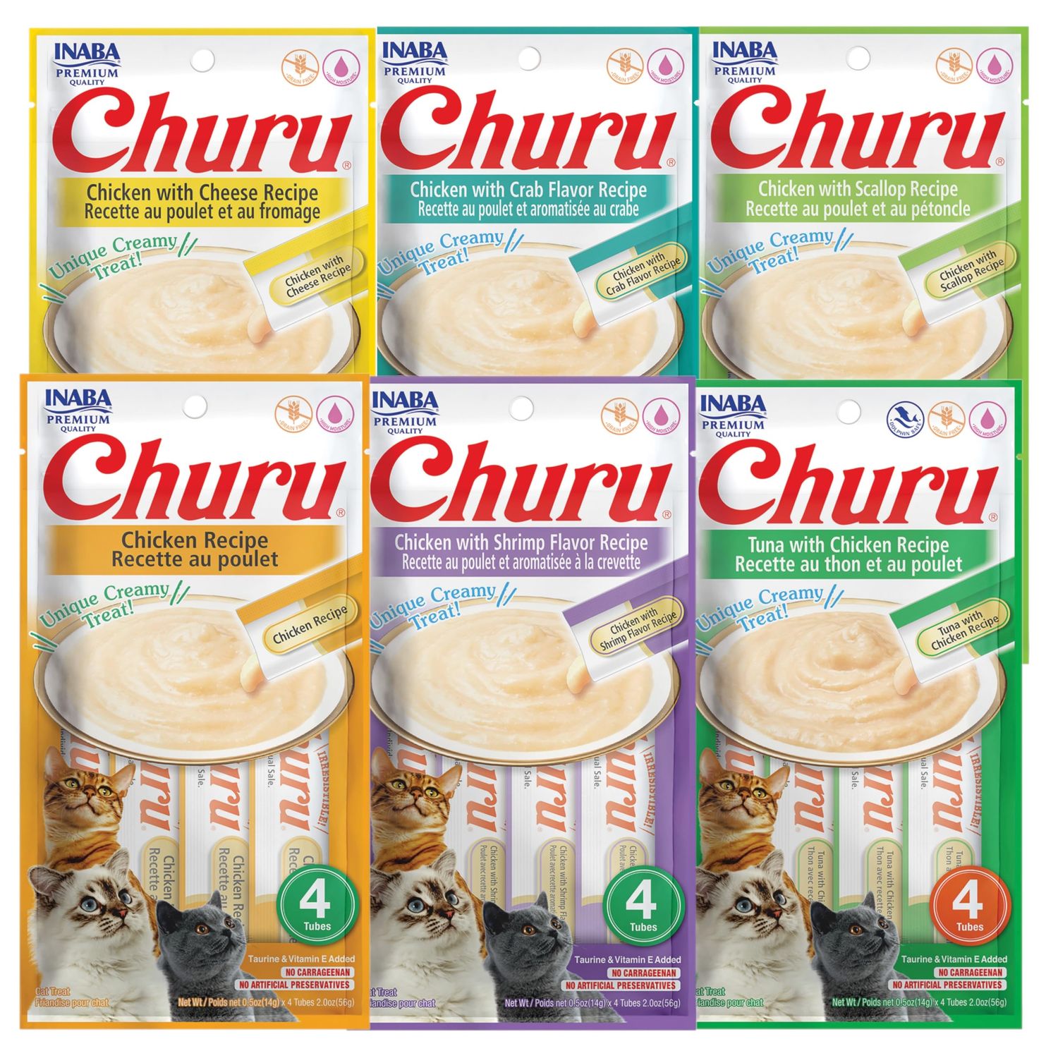INABA Churu Cat Treats, Grain-Free, Lickable, Squeezable Creamy Purée Cat Treat/Topper with Vitamin E & Taurine, 0.5 Ounces Each Tube, 24 Tubes (4 per Pack), Six Flavor Variety Pack