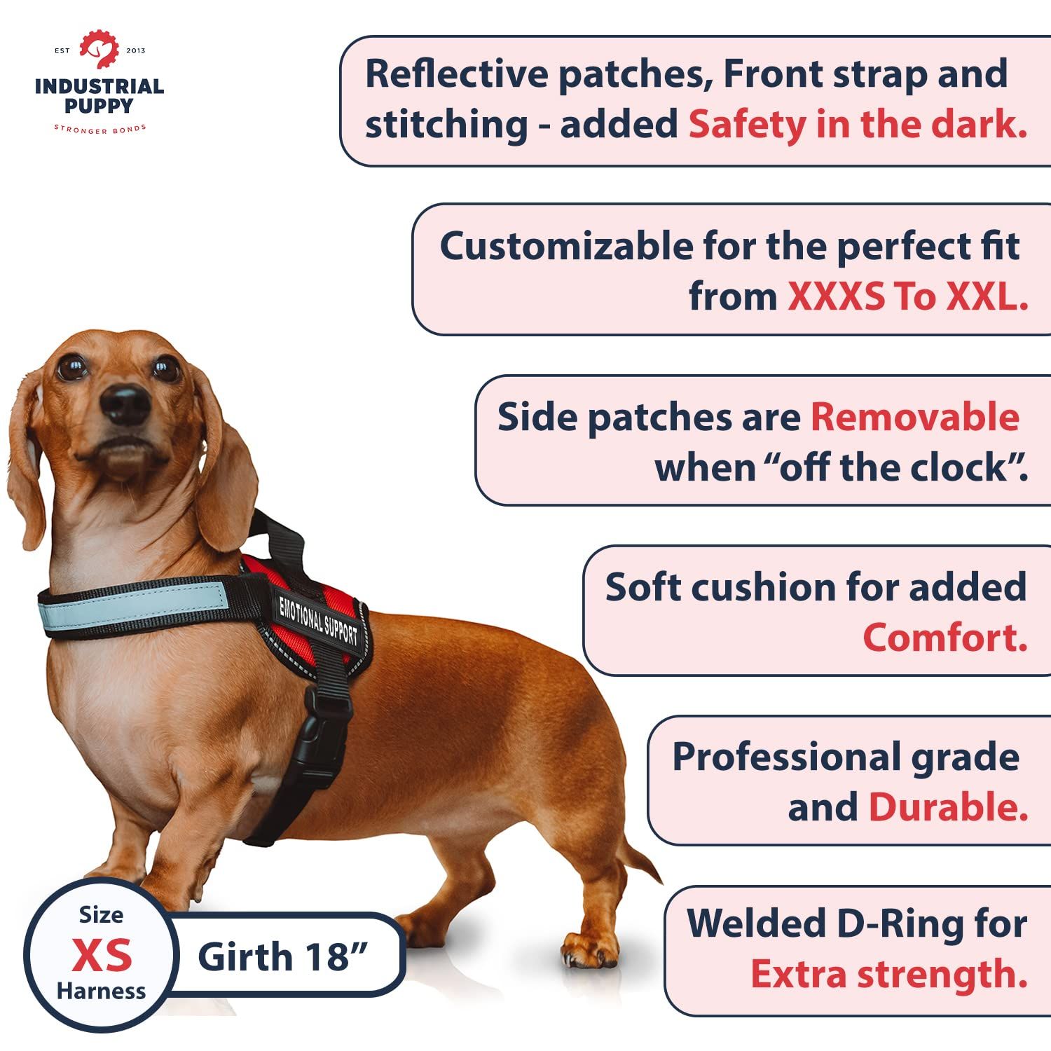 Emotional Support Dog Vest Harness with Reflective Straps, Interchangeable Patches, & Top Handle - ESA Dog Vest in 8 Sizes - Heavy Duty Emotional Support Dog Harness for Working Dogs (Red, XS)