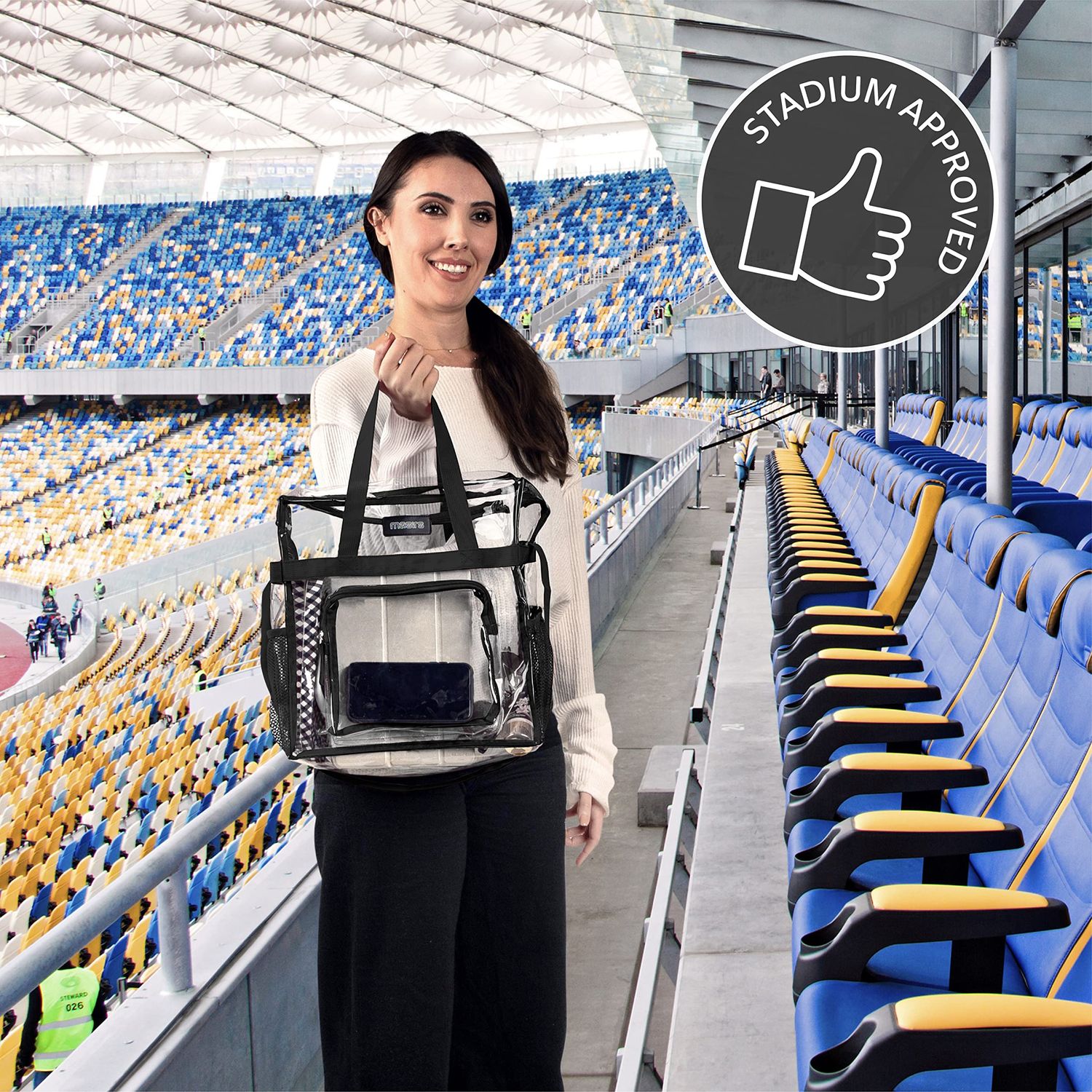 Masirs Clear Tote Bag Stadium Approved, Mesh Pockets, Shoulder Straps and Zippered Top, Perfect Clear Bag for Work, Sports Games and Concerts, Meets Stadium Tournament Guidelines, (Black)