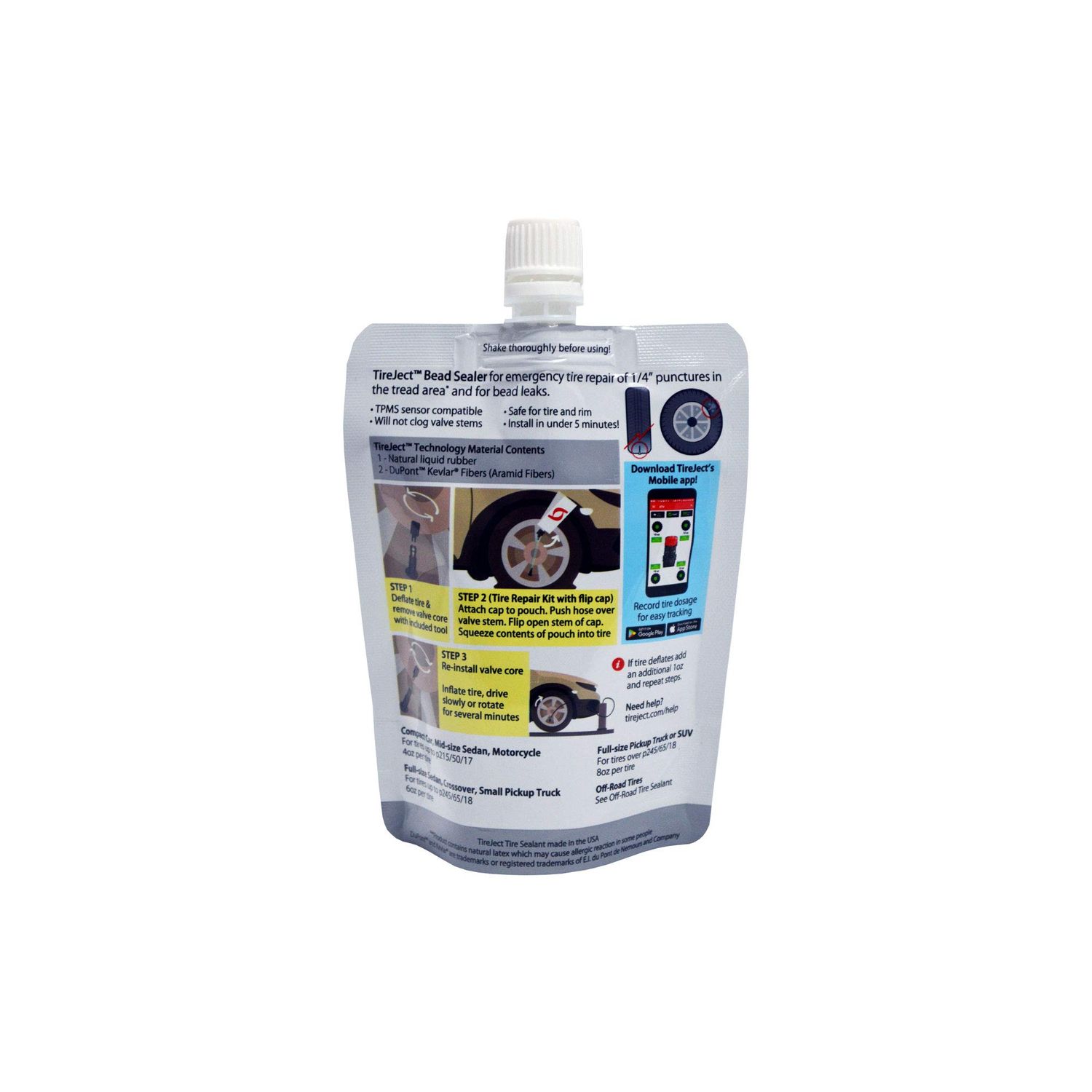 TireJect Automotive Compact Car 2-in-1 Tire Sealant & Bead Sealer Kit for tire Repair of leaks and punctures