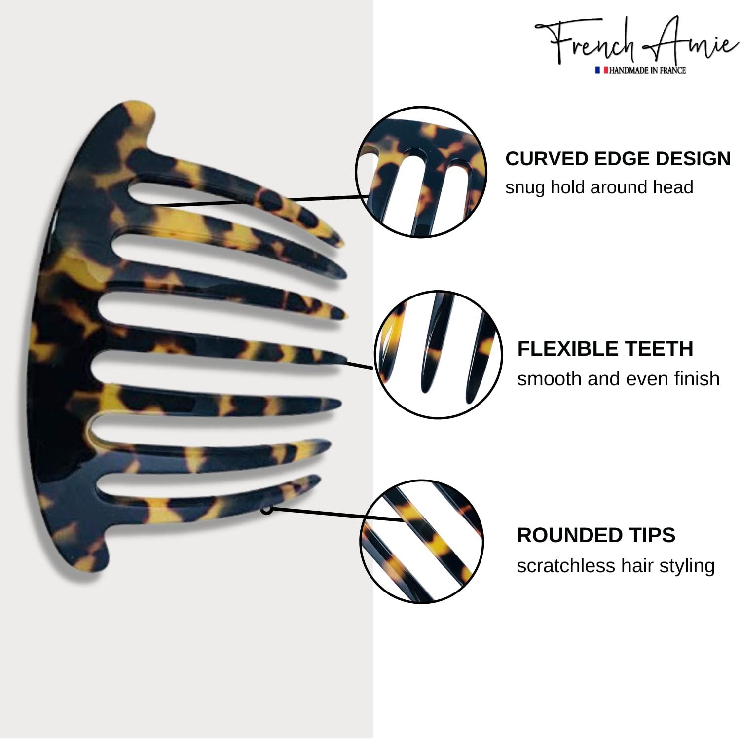 French Amie Handmade Yellow Black Tokyo Celluloid Acetate 7 Teeth Side Hair Comb