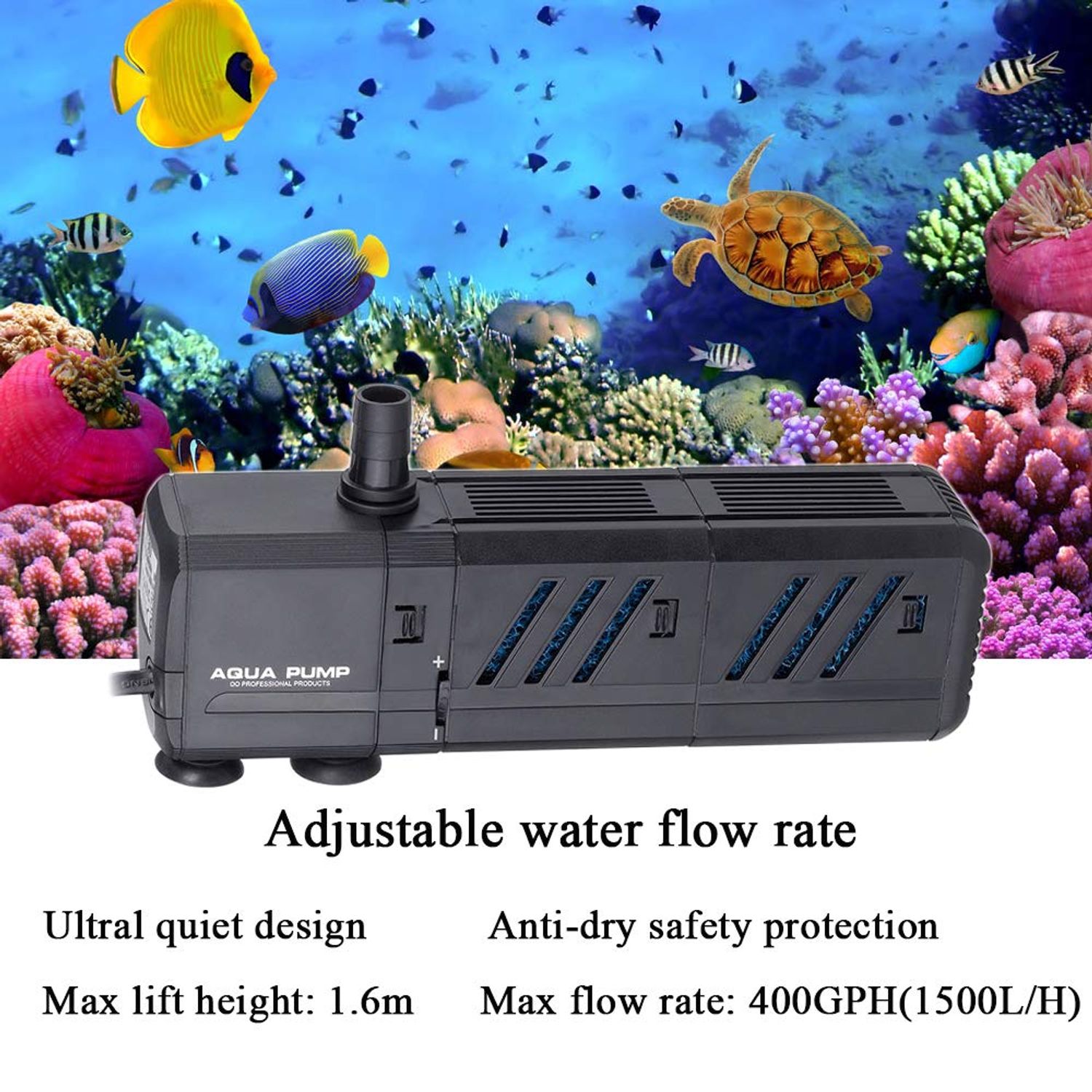 MQ 400GPH Submersible Water Pump (1500L/H, 15W) with Filters and Water Nozzles, Ultra Quiet for Aquarium, Fish Tank, Pond, Fountain, Hydroponics