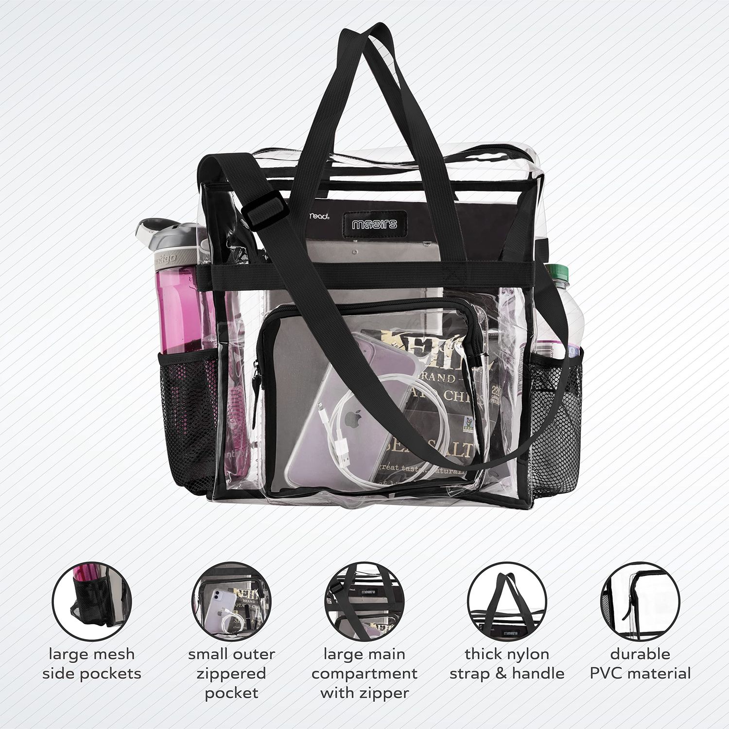 Masirs Clear Tote Bag Stadium Approved, Mesh Pockets, Shoulder Straps and Zippered Top, Perfect Clear Bag for Work, Sports Games and Concerts, Meets Stadium Tournament Guidelines, (Black)
