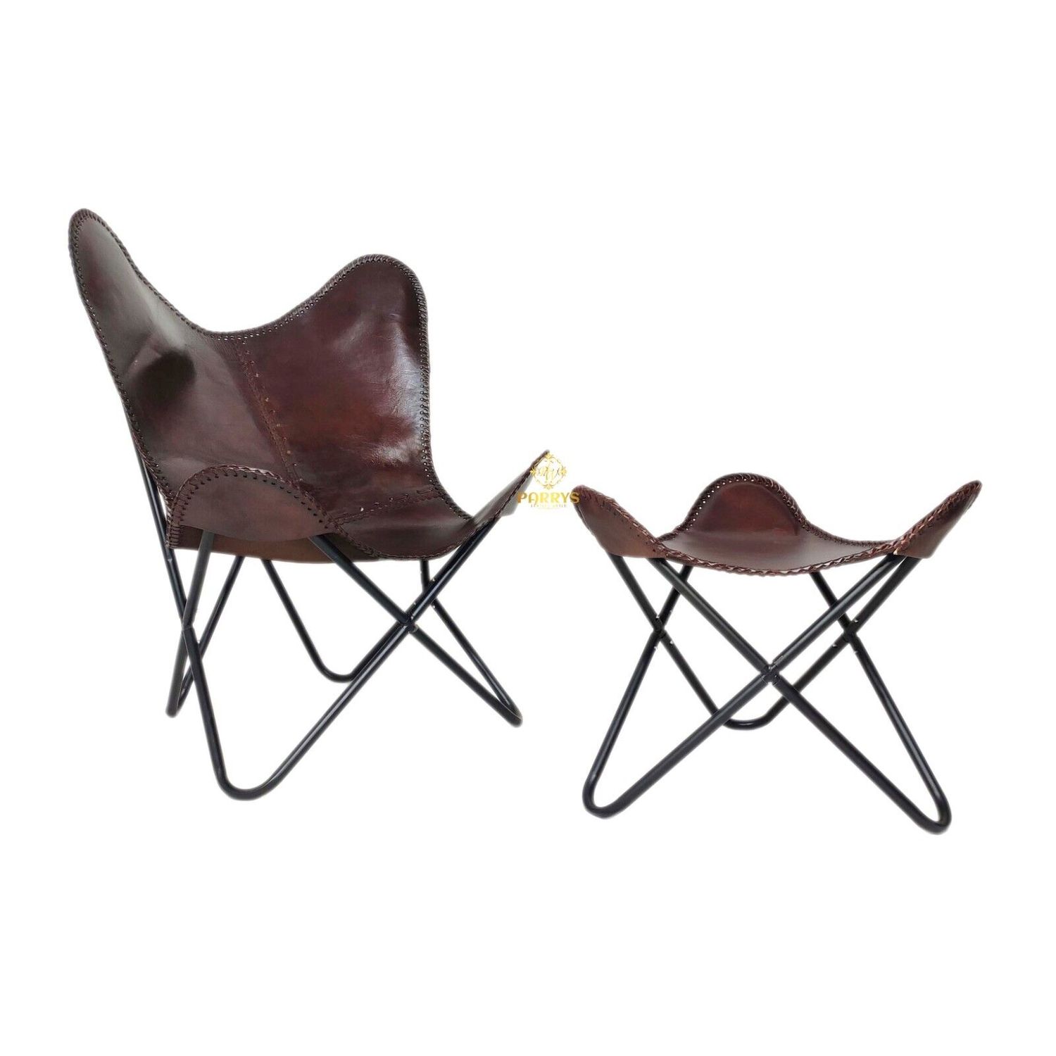 Brown Buffalo Leather Butterfly Chair With Ottoman Footstool Relaxing Chair