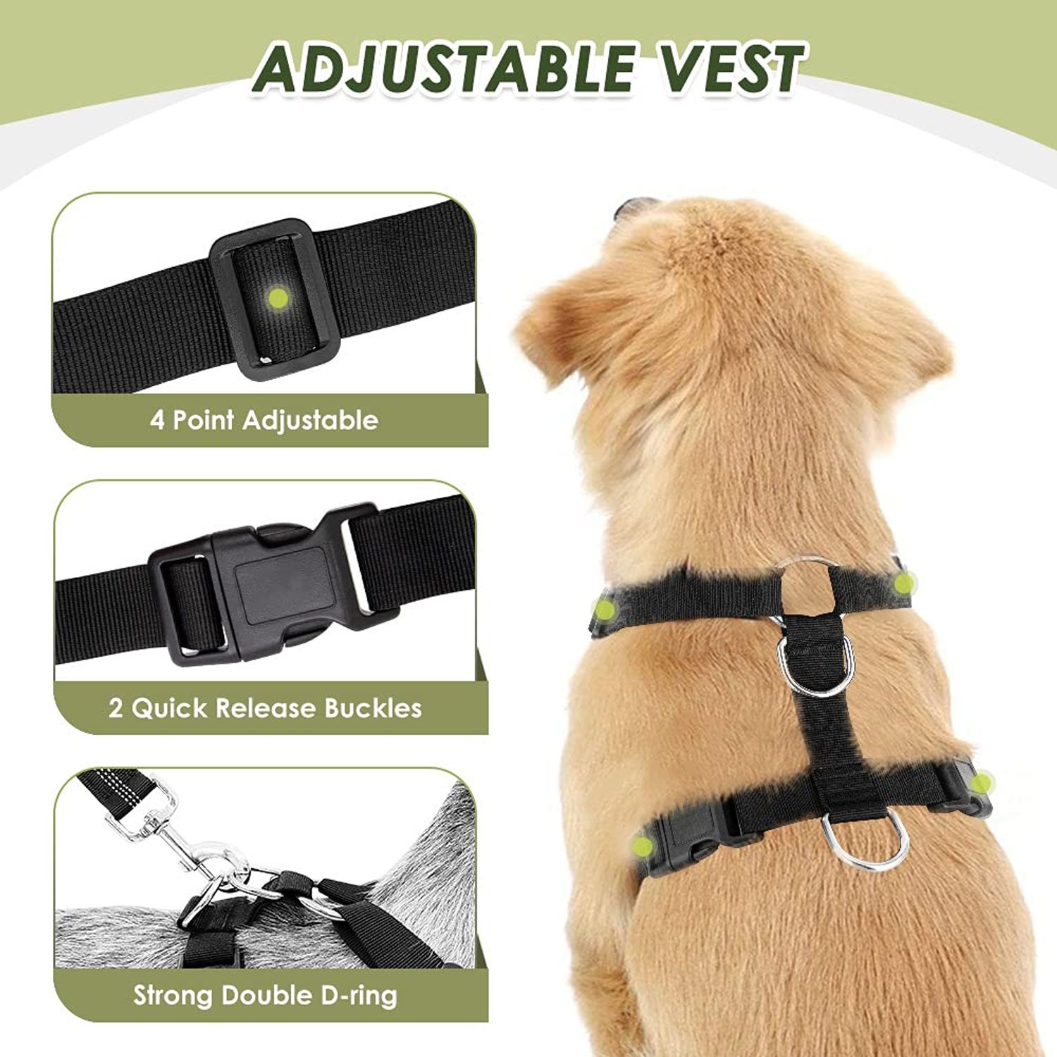 SlowTon Dog Seat Belt Car Harness Set - Adjustable Dog Seatbelt with Carabiner for Most Cars, Breathable Dog Vest Harness Padded with Car Safety Leash for Small Medium Large Dogs Puppy Cats(Black L)