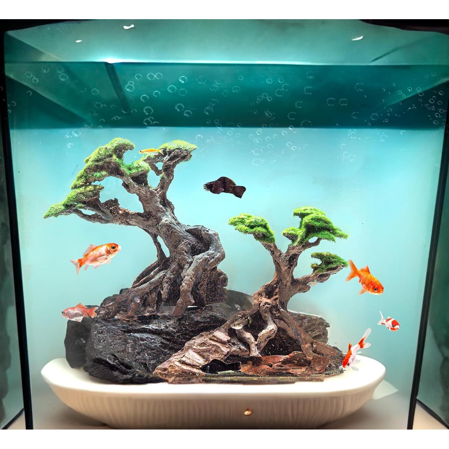 Novelsite Fish Tank Decor- Bonsai Trees with Faux Moss- Aquarium Rocks Aquascaping- Made of Sandstone, Goldfish Betta Fish Tank Decorations Hides Accessories