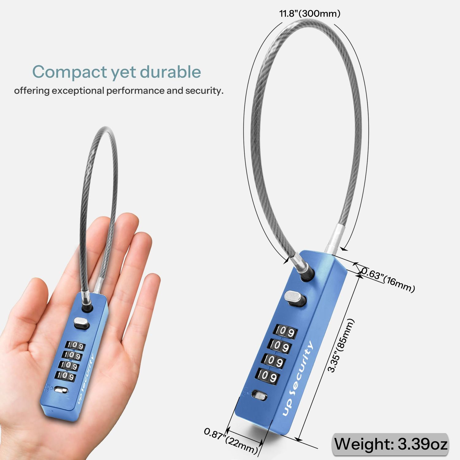 UP Security Combination Lock Keyless Cable Padlock with Steel Wire Rope, Resettable Combo Code Anti-Theft for Locker, Cabinet, Fence, Gate, Pet Door, Bike Helmet Safe (Blue, 11.8"(30cm) Short Cable)