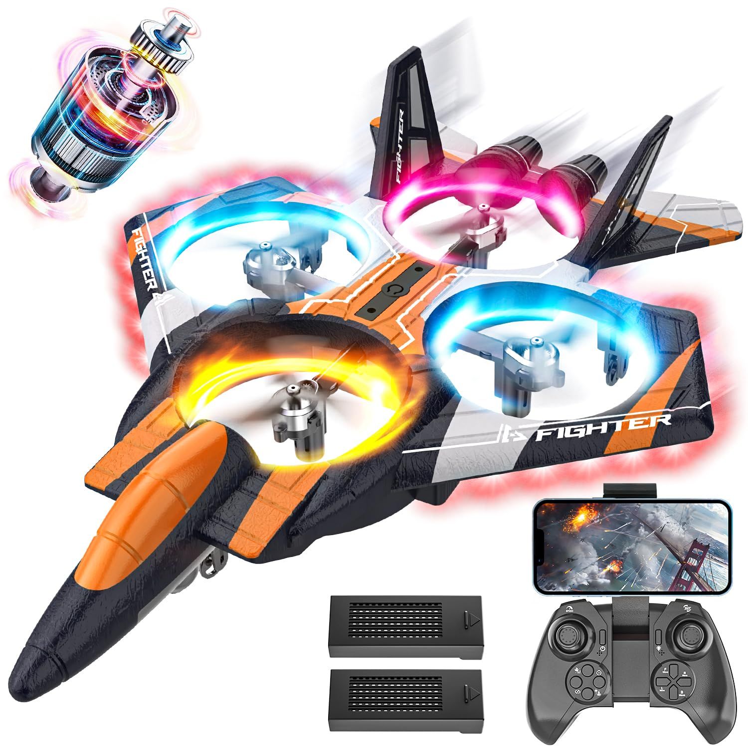 BEZGAR RC Plane for Kids | 2.4GHZ Brushless Drones with Camera, 6-axis Gyro Remote Control Airplane, 360° Flip Fighter Jet Toy, Toys for Ages 8+ with Colorful LED Navigation Lights Orange