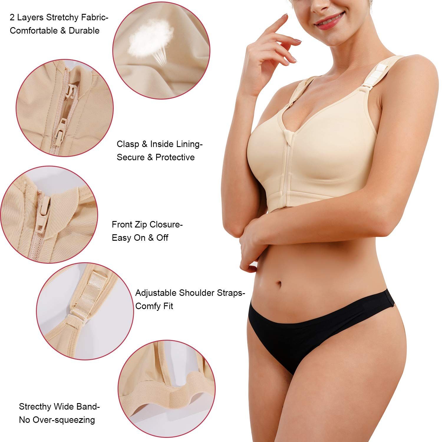 CYDREAM Women Post-Surgical Bra Zip Front Post Surgery Sports Bras Racerback Support Wireless Adjustable Straps (L, Beige)