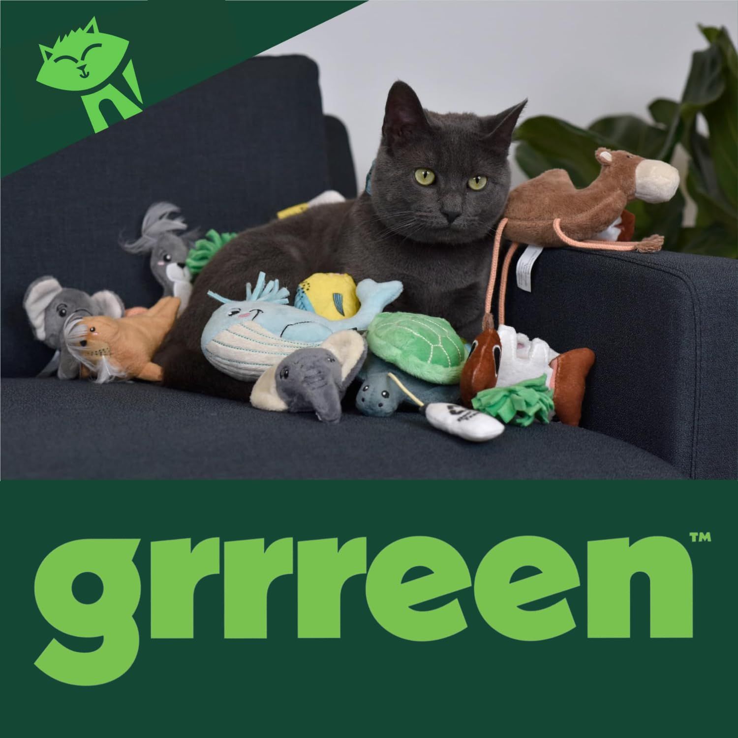 GRRREEN Stuffed Animal Cat Toy | Earth Animals Mixed Bundle | Value 5-Pack for Indoor Cats | Cute Interactive Plush Toys | Made of Eco-Friendly Materials - Go Green!