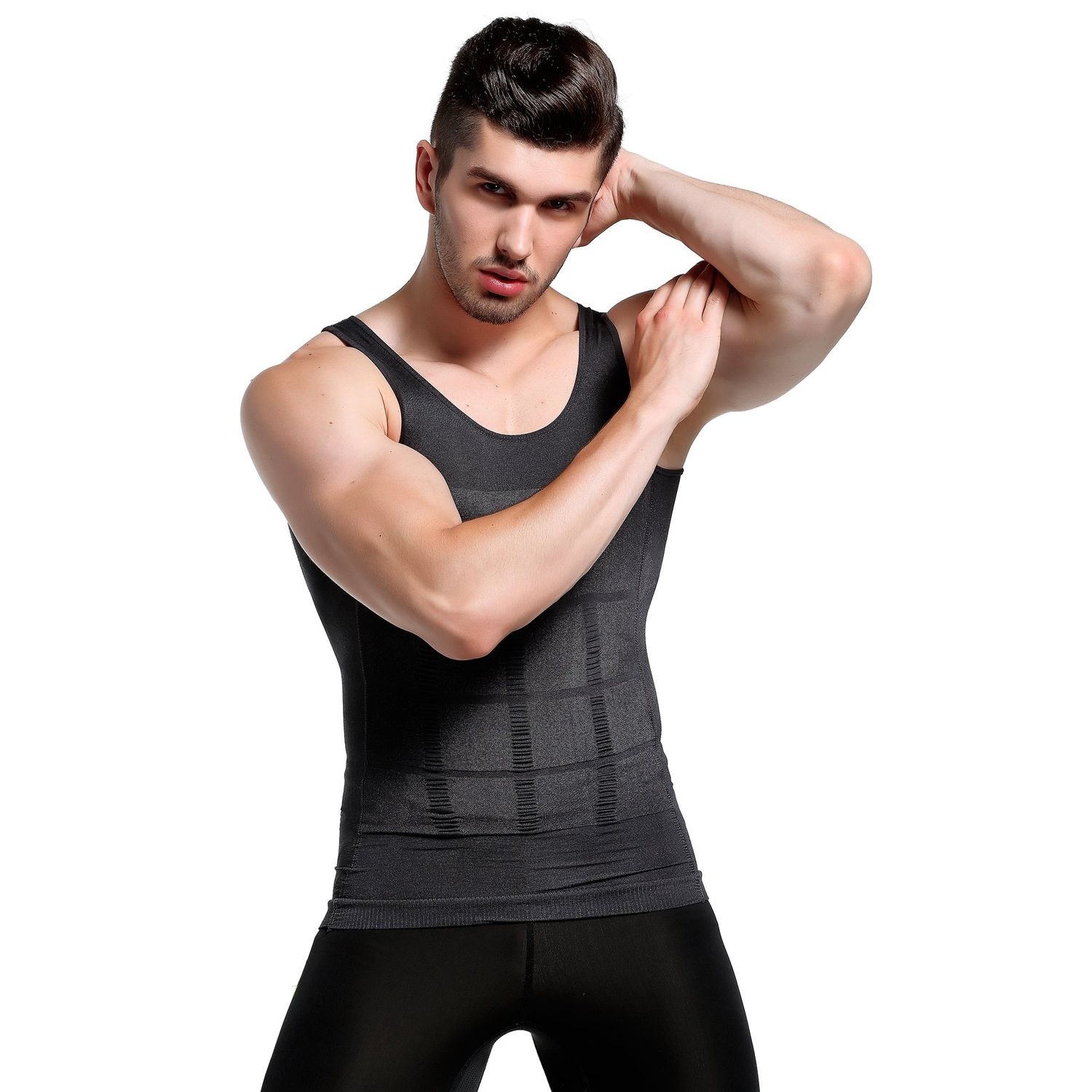 GKVK Mens Slimming Body Shaper Vest Shirt Abs Abdomen Slim,S(chest size76cm-81cm/30inches-32inches),Gray