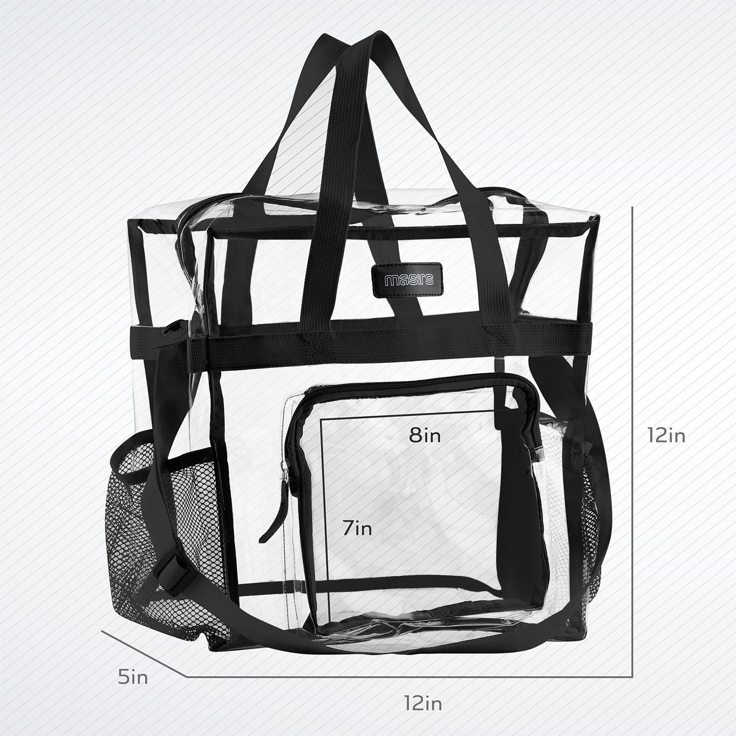 Masirs Clear Tote Bag Stadium Approved, Mesh Pockets, Shoulder Straps and Zippered Top, Perfect Clear Bag for Work, Sports Games and Concerts, Meets Stadium Tournament Guidelines, (Black)