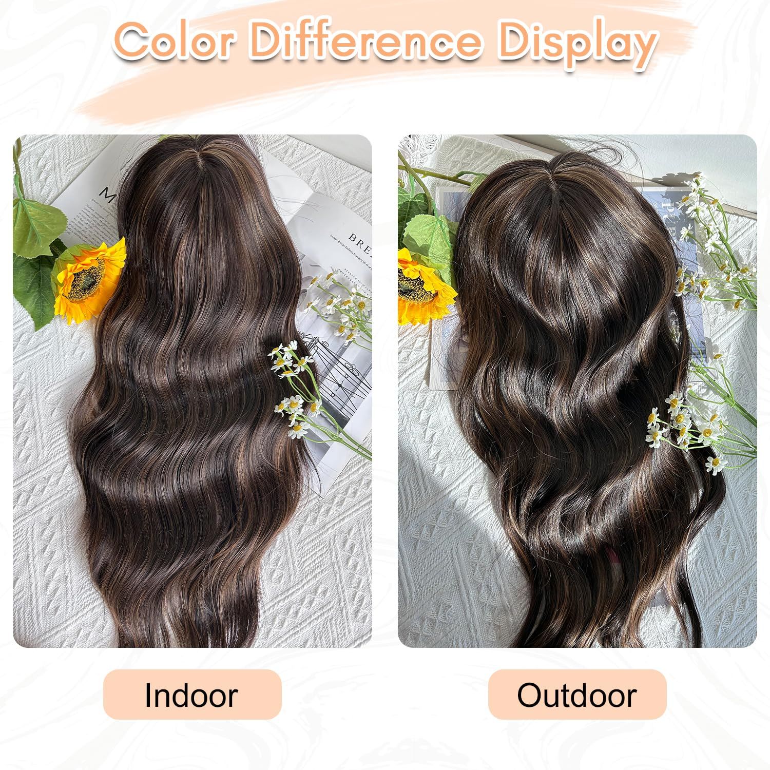 Hair Toppers for Women 20inch Wavy Hair Toppers for Women Toppers Hair Pieces for Women with Thinning Hair Ombre Highlight Synthetic Wig Clip In Hair Topper Wiglets with Fringe Bang Add Hair Volume