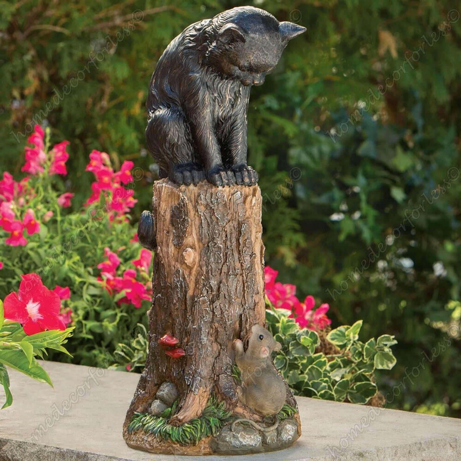 Realistic Cat Perched on Tree Stump w Inquisitive Mouse Garden Sculpture Statue