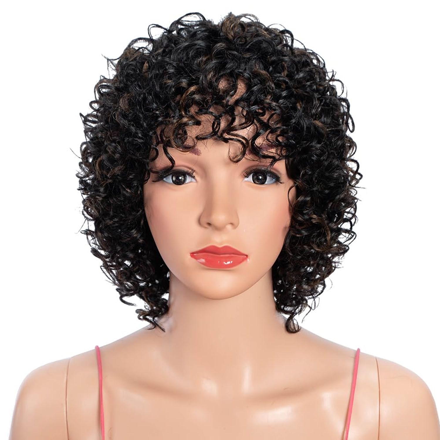 Rebecca Fashion 8" Highlight Brown Wigs for Black Women Human Hair, Short Curly Wigs with Bangs, 10A Brazilian Virgin 150% Density, Wear and Go Glueless Wigs (Black Mixed Brown)