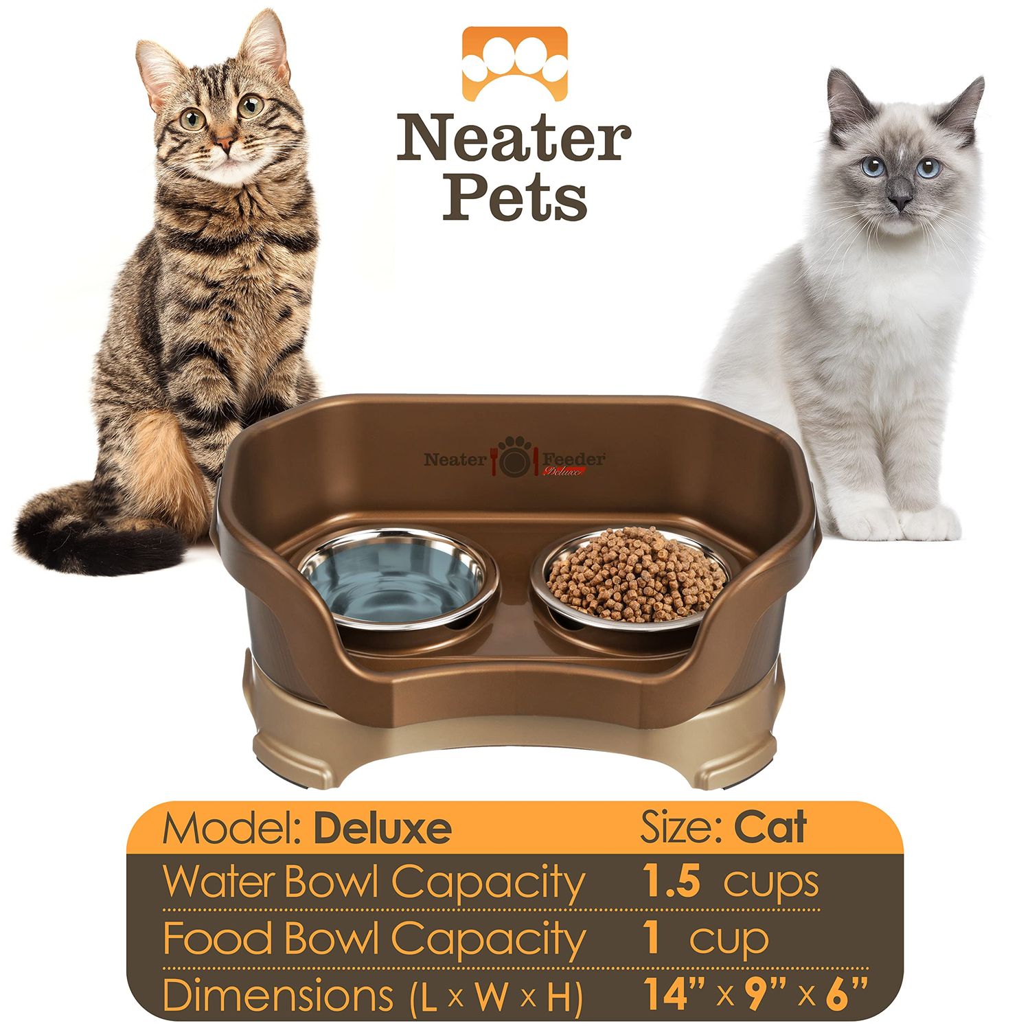 Neater Feeder - Deluxe Model - Mess-Proof Cat Bowls (Cat, Bronze) - Made in USA - Elevated, No Spill, Non-Tip, Non-Slip, Raised Stainless Steel Food & Water Pet Bowls