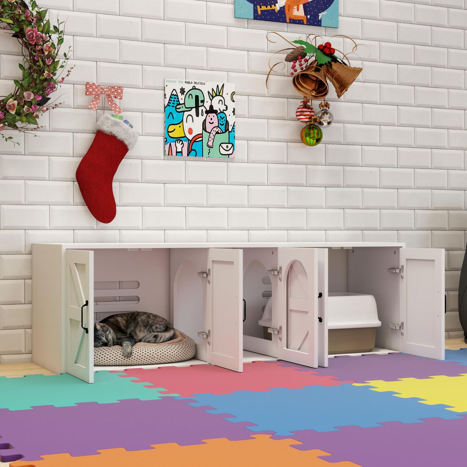 Cat Litter Box Enclosure Hidden for 2, Farmhouse Litter Box Furniture with Double Room, Front Entry Cat Door House, Wooden Side End Table, TV Stand with Storage