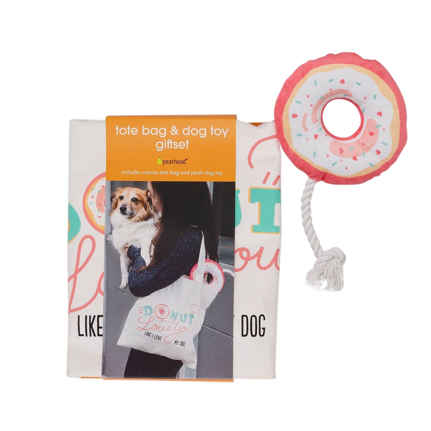 Pearhead Donut Dog Toy and Tote Bag Set, Tug-of-War Rope Pet Toy, Dog Owner Gift Set