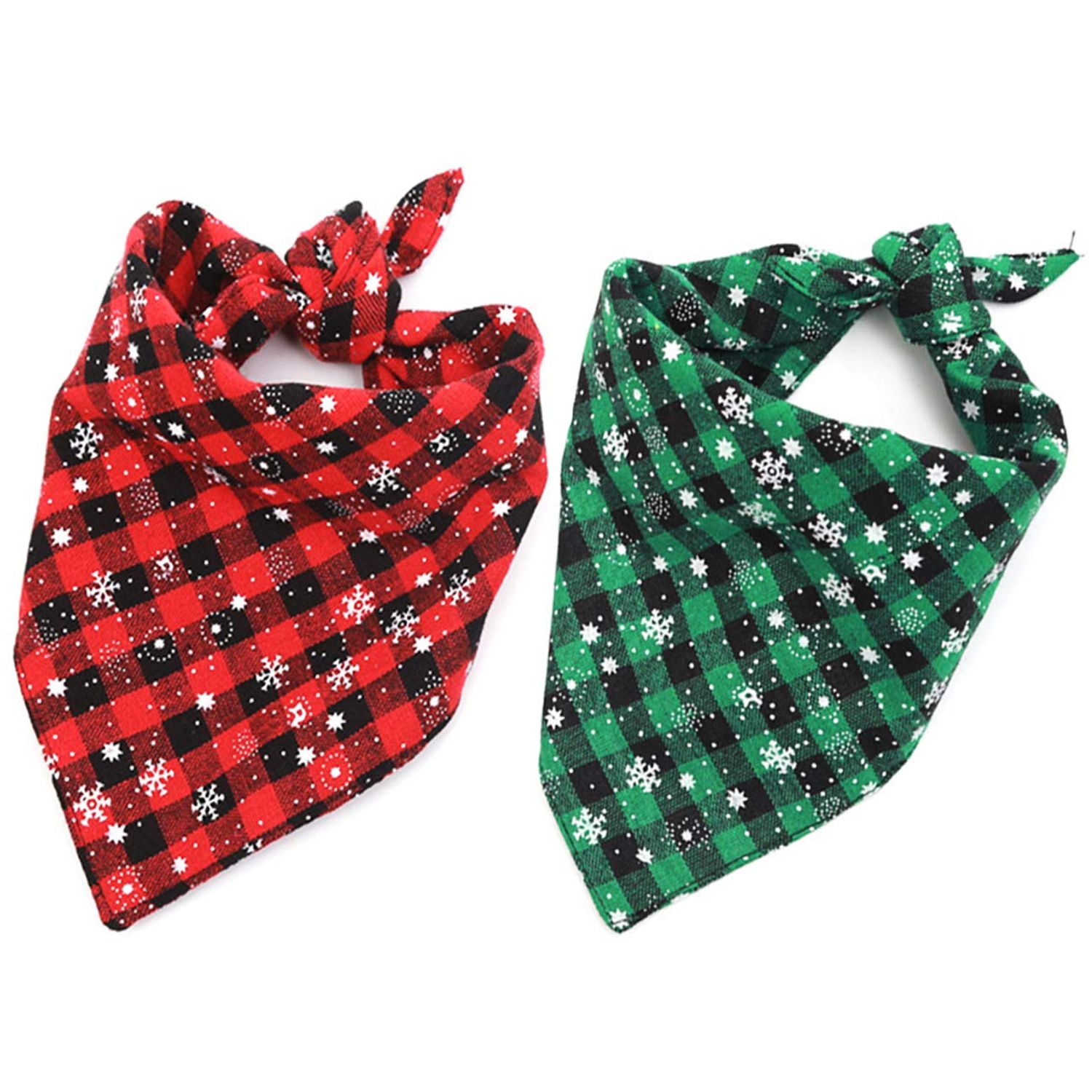 Malier 2 Pack Dog Bandana Christmas Classic Plaid Snowflake Pet Scarf Triangle Bibs Kerchief Set Pet Costume Accessories Decoration for Small Medium Large Dogs Cats Pets (Large, Green + Red)