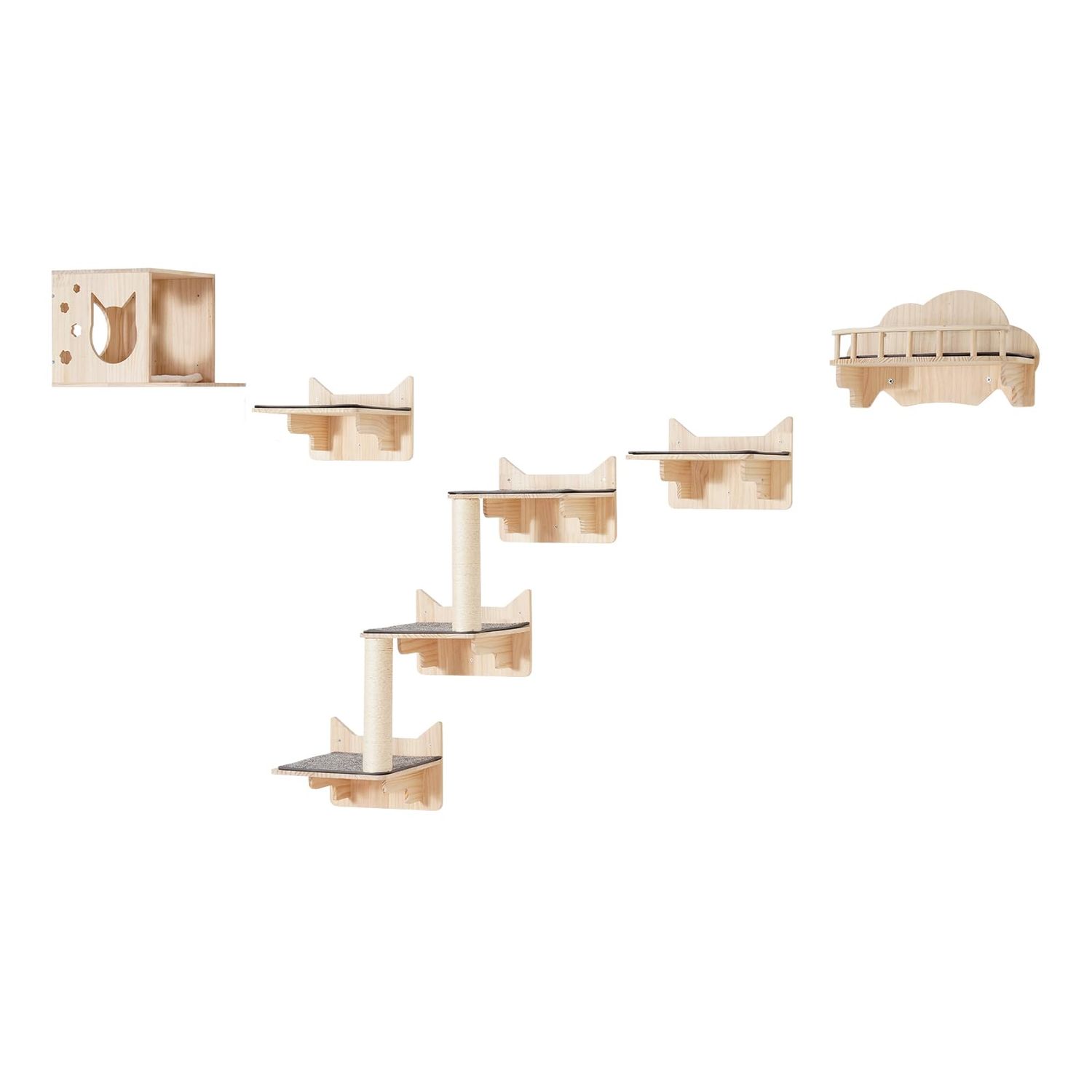 Happybuy Wall Mounted Cat Shelves, Cat Wall Shelves and Perches with Jumping Boards, Nest, Barrier Board & Cat Tree, Cat Floating Furniture up to 40 lbs for Sleeping, Playing, Climbing, Set of 5