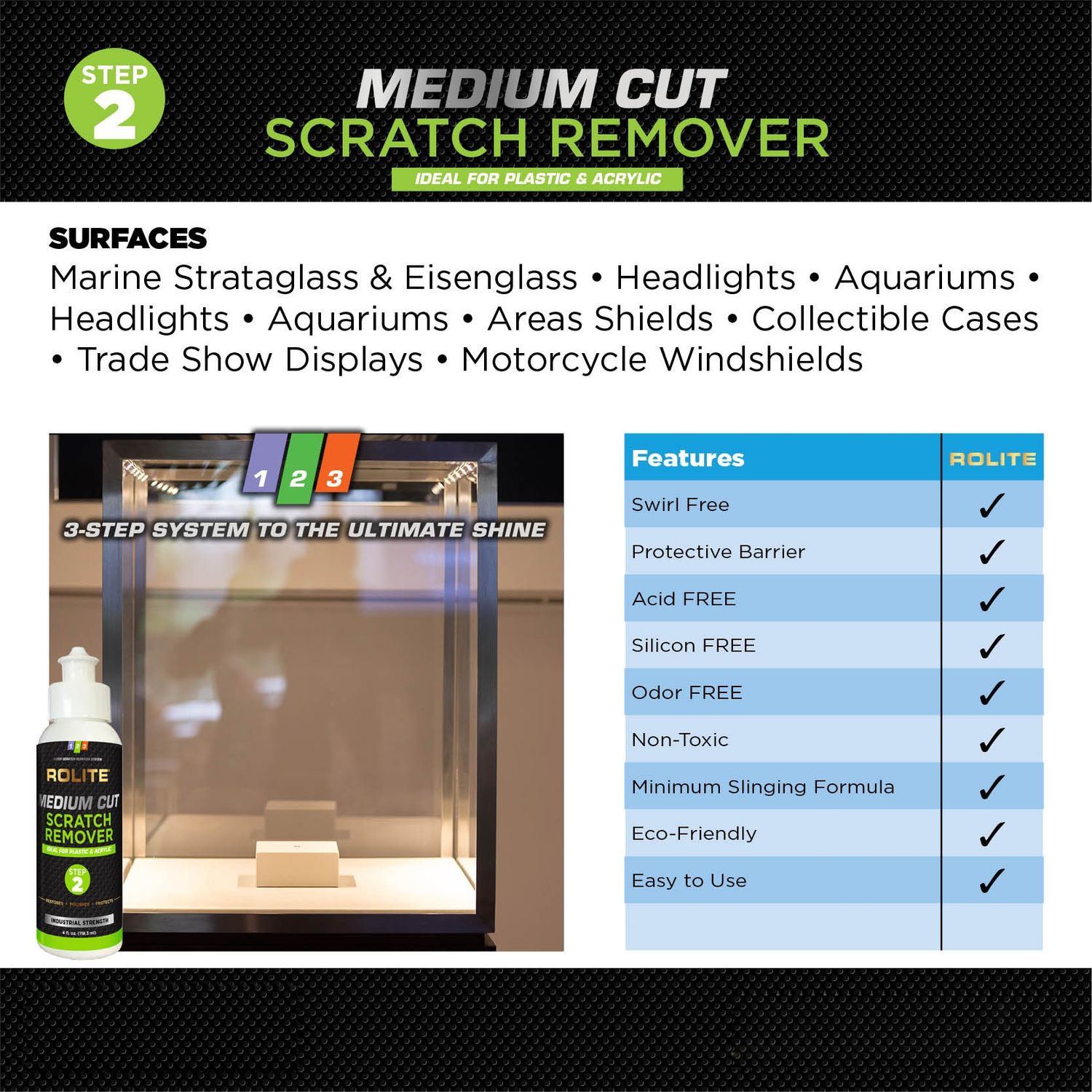 Rolite Medium Cut Scratch Remover for Plastic & Acrylic Surfaces Including Marine Strataglass & Eisenglass, Headlights, Aquariums, 4oz