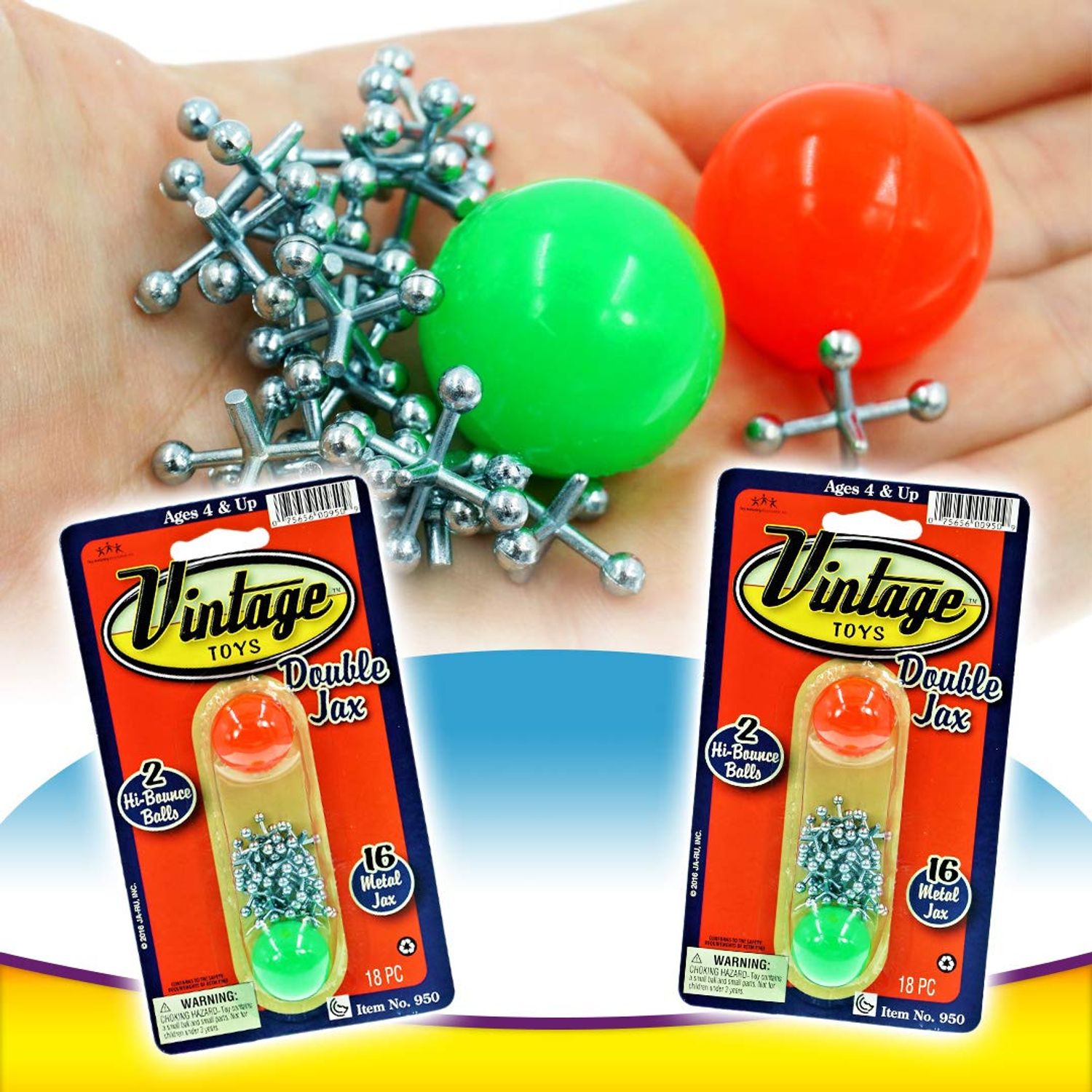 JA-RU Vintage Toys Double Metal Jacks Set (1 Pack) w/ 16 Jax & 2 Bouncy Balls. Classic Mini Game for Kids. Bulk Party Favors, Pinata Filler, Birthday Stocking Stuffers. Cat Toy 950-1B