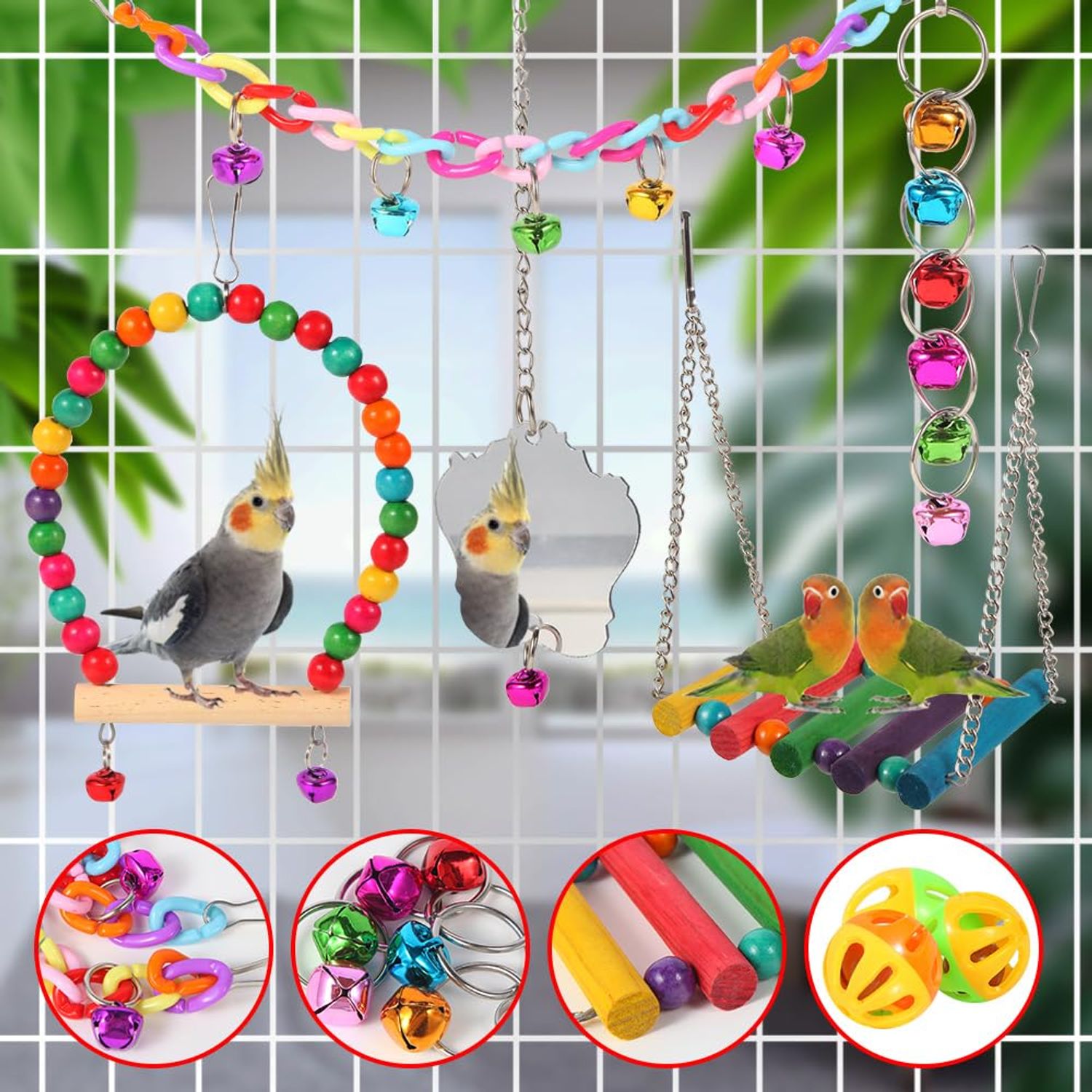 YIXUND Bird Toys for Parakeets 9Pcs,Bird Wooden Ladder Bridge Parrots Toys Budgie Toys Bird Cage Accessories,Swing Hammock for Conure,Cockatiel,Love Birds, Finches, Mynah,Budgerigar