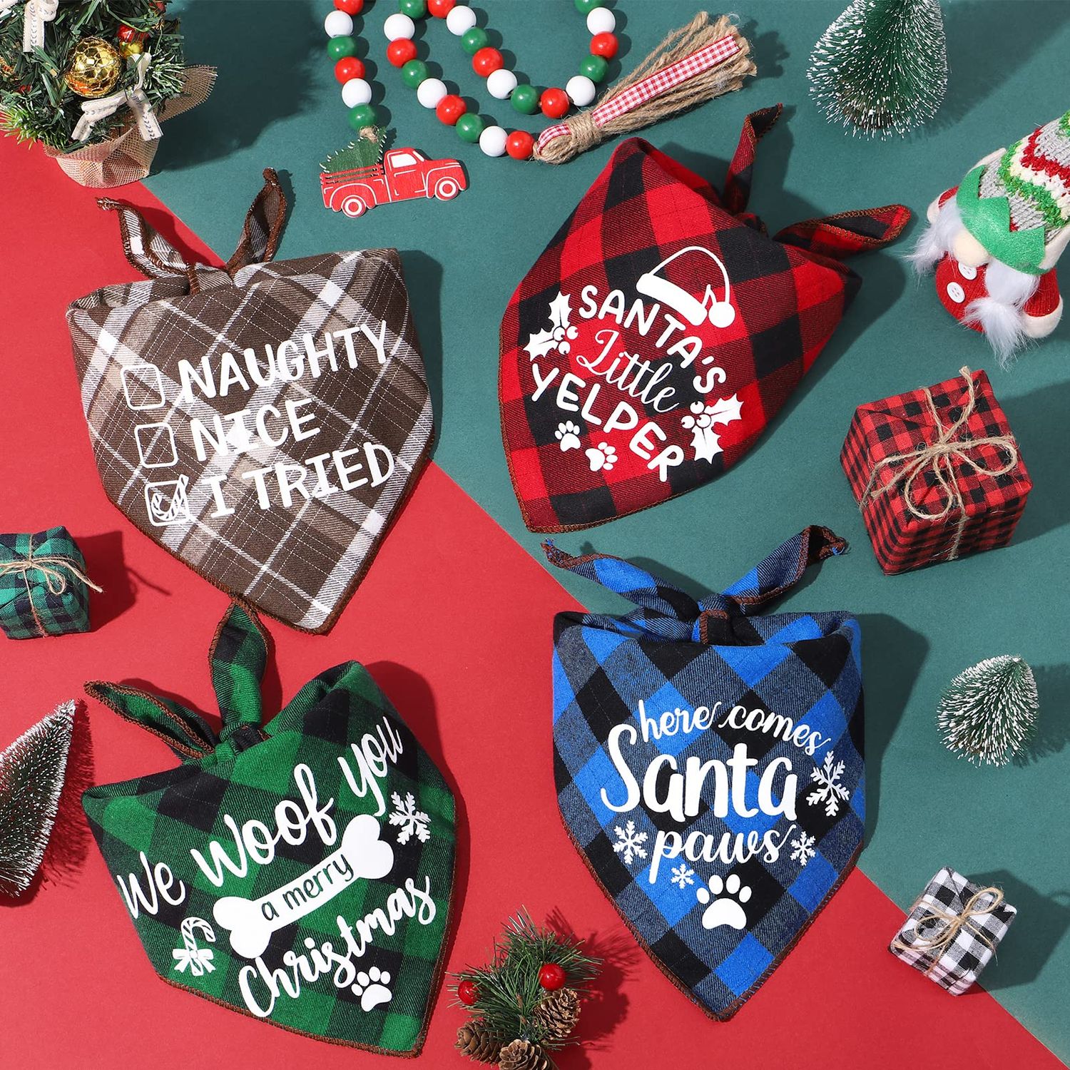 4 Pack Christmas Dog Scarves - Plaid Triangle Bandanas for Small to Large Dogs and Cats - Holiday Pet Accessories Gift Set