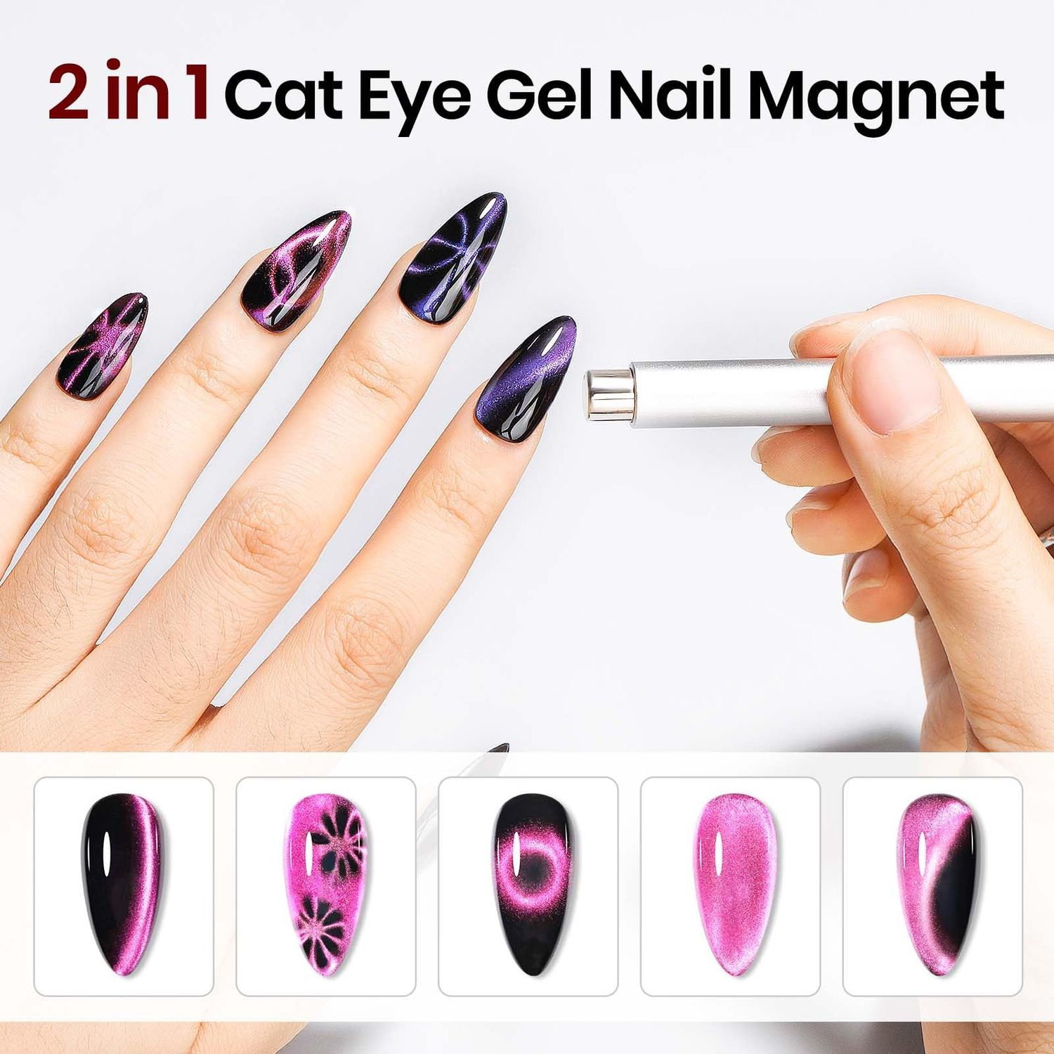 SUPWEE Cat Eye Magnet for Nails 4PCS Nail Polish Magnet for Cat Eye Gel Nail Polish Multi-Function Double-Head Mangtic Stick for 9D Strip Galaxy Cat Eye Nail Art Design DIY Home Manicure