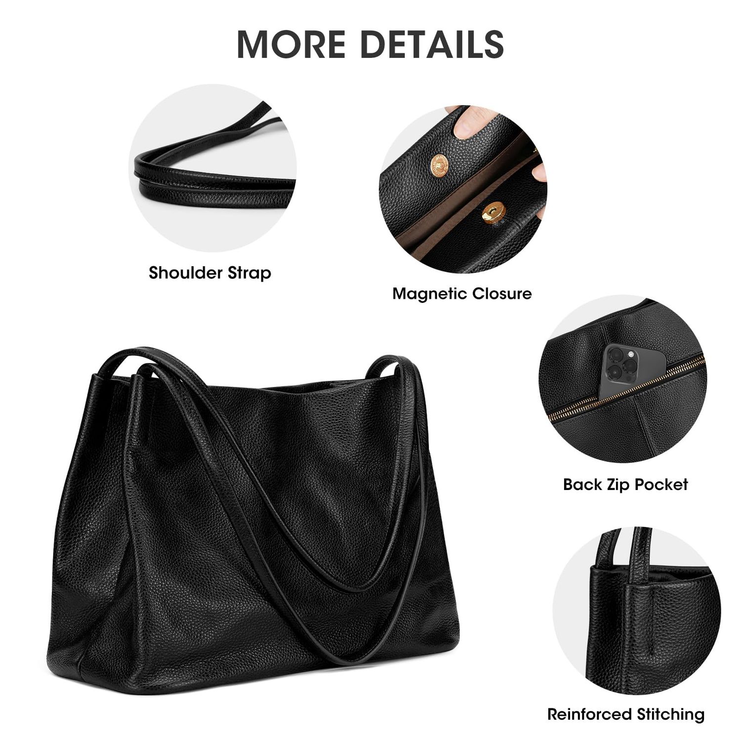 Kattee Soft Genuine Leather Tote Bags for Women Casual Shoulder Hobo Purses and Handbags with Top Magnetic Snap Closure (Black)