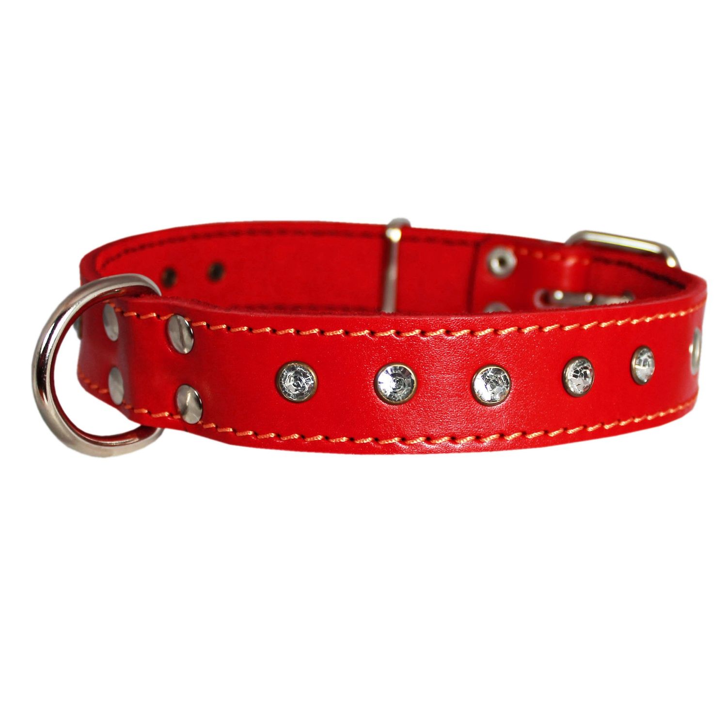 Dogs My Love Genuine Red Leather Rhinestone Dog Collar 1.25"x22" Fits 15"-20" Neck