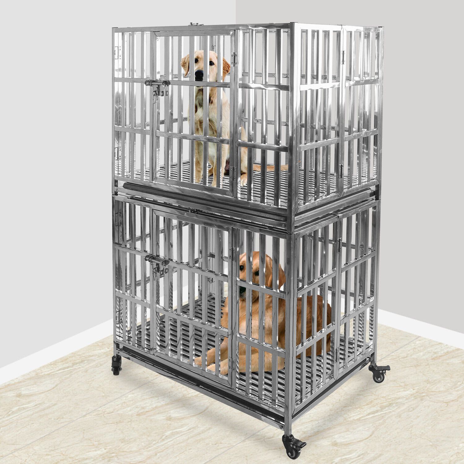37" Stackable Dog Cage Stainless Steel Dog Kennel Dog Crate Folding Pet Playpen