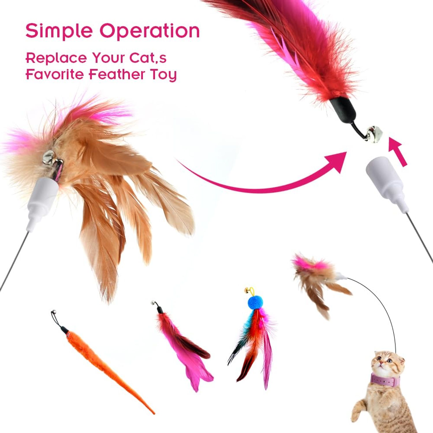 Abnaok Cat Feather Collar Toys, Interactive Cat Toys for Indoor Cats Teasing Wand Collar Funny Cat Toy with Bell and Replaceable 3 Feathers Refills Multiple Ways for Cats to Play