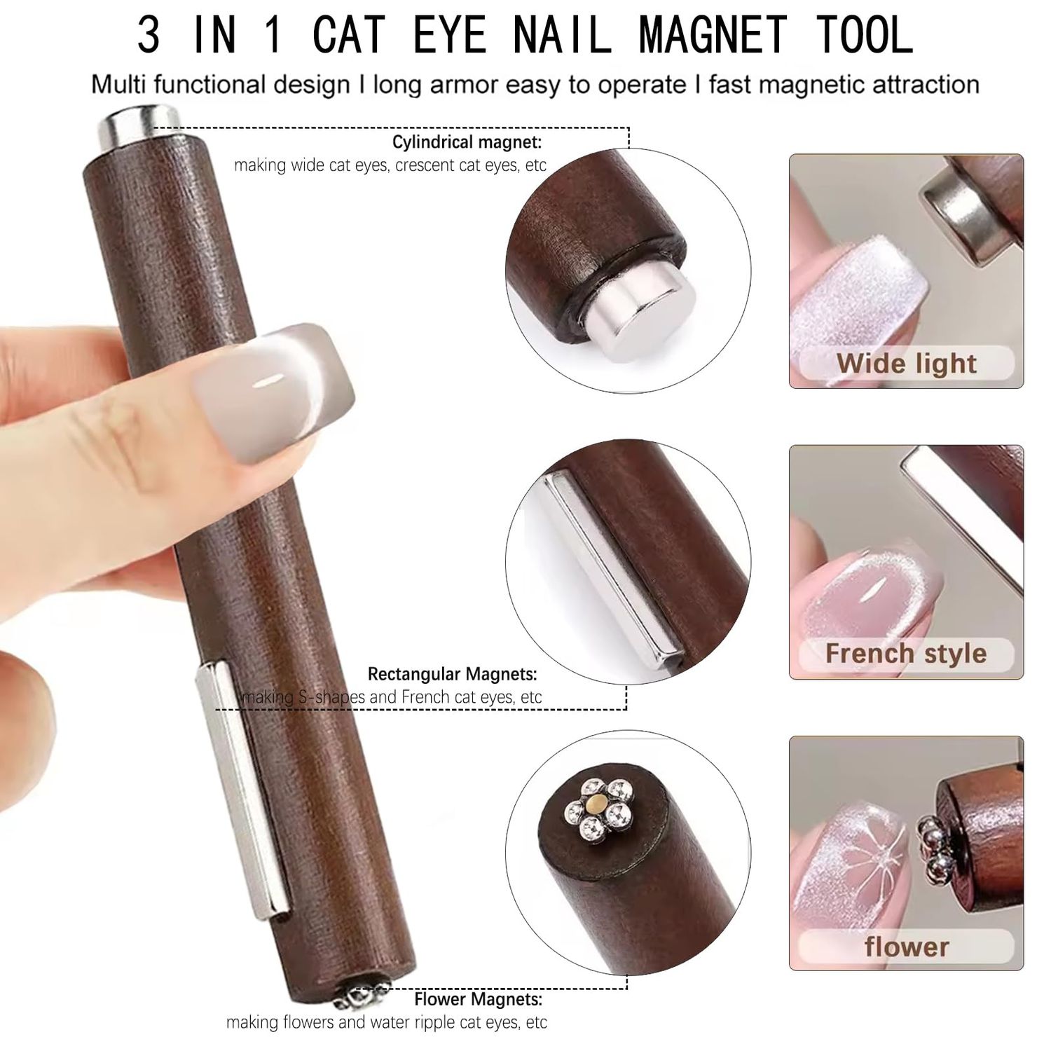 JFIYUOMCI 64Pcs Cat Eye Nail Magnet Set, Magnetic Nail Polish Magnet, Cat Eye Magnet for Nails, 3 IN 1 Magnets For Cat Eye Gel Polish, Cateye Nail Design Tools for DIY Nail Decoration Kit