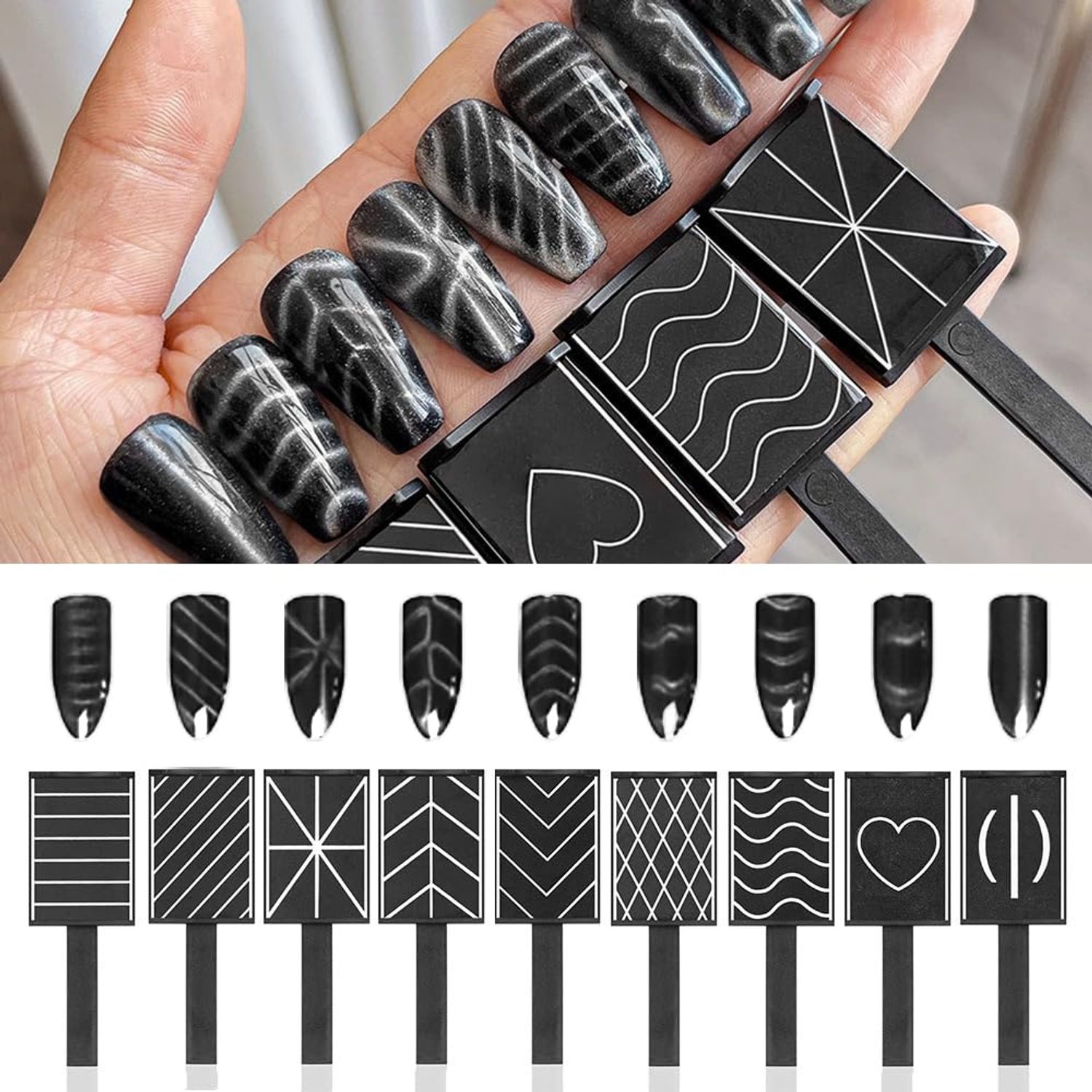JERCLITY 12 Pieces Cat Eye Magnet for Nails Wooden Anti-Fall Handle Double-Ended Cylindrical Magnet Double-Headed Cat Eye Magnetic Stick Line Strip Magnetic for Cat Eye Gel Polish Nail Art
