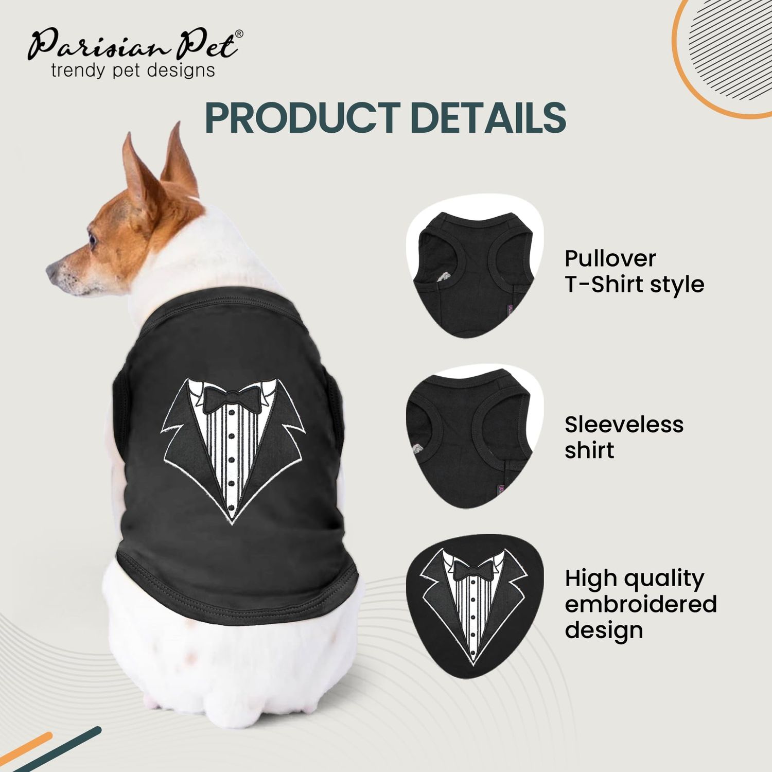 Parisian Pet Dog Tshirt - Embroidered “ Tuxedo “ Dog Shirt - 100% Cotton and Lightweight Dog Clothes - Sleeveless Black Dog Tee Shirts - Machine Washable Dog Shirts for Small Dogs - Pet Vest - S