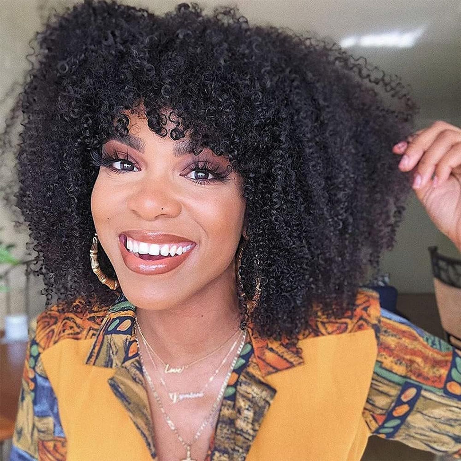 Young beauty Afro Kinky Curly Wig with bangs Glueless Scalp Top Full Machine Made Human Hair Wigs for Black Women 200Density Kinky Curly Brazilian Human Hair Wig 16inch Natural Color