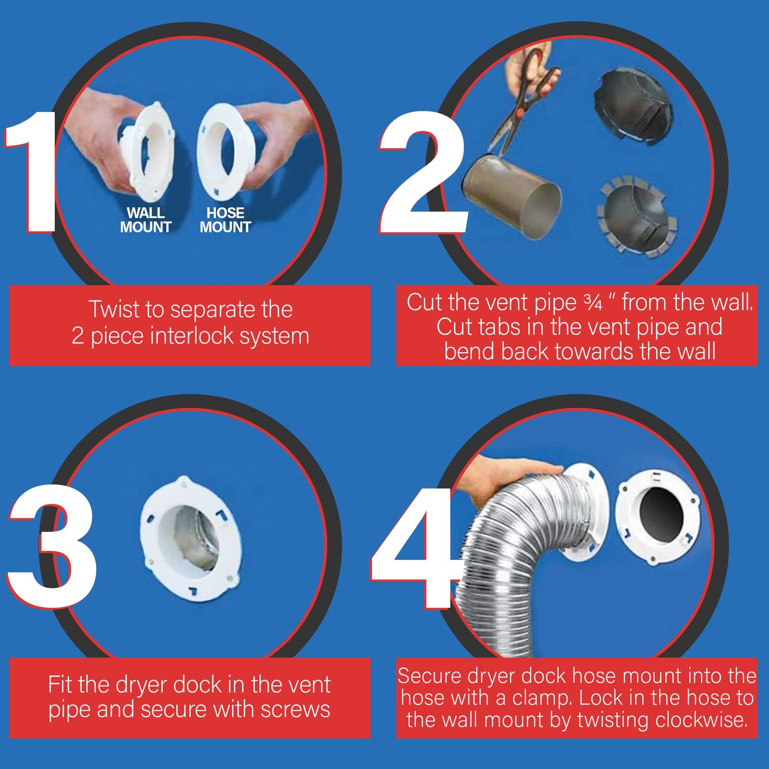 Dryer Dock The Original Dryer Vent Quick Release - Two-Piece Dryer Hose Quick-Connect, Twist & Lock Tight, Fits 4 Inch Tubes,White