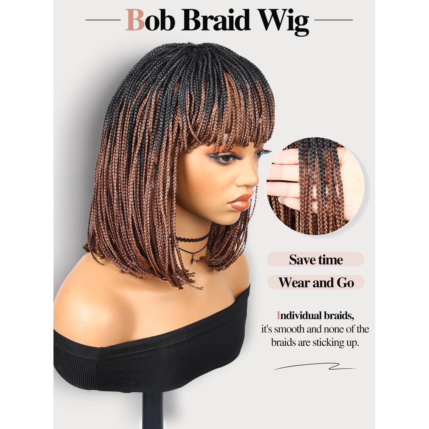 Fancy Hair Braided Wigs for Black Women Short Box Braid Wig with Bangs Synthetic Bob Braid Wig for African American Women