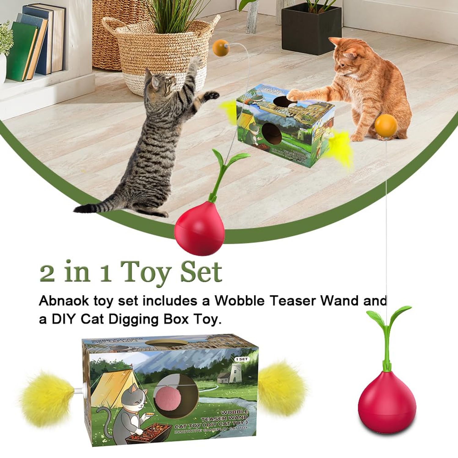 Abnaok 2-in-1 Cat Toy, Cat Interactive Toys for Indoor Cats Kitten Tumbler Balls Kitty Feather Toy, Cat-Digging Hole Toy Suitable as a Birthday Gift