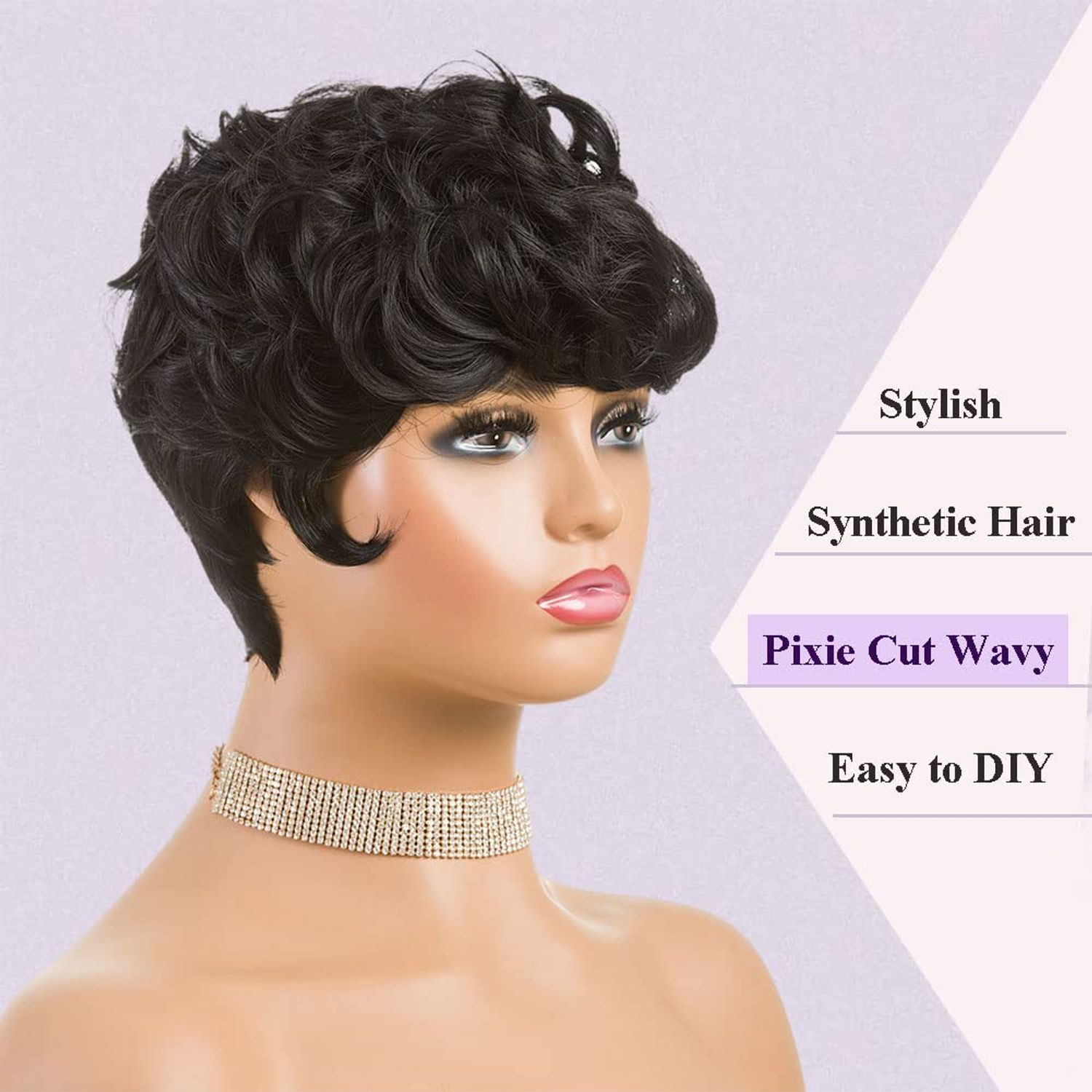 MOONSHOW Short Curly Wigs for Black Women Pixie Cut Wig Black Short Pixie Wigs for Black Women Pixie Cut Curly Wig with Bangs Black Pixie Wigs for Women Synthetic Pixie Wigs for Black Women