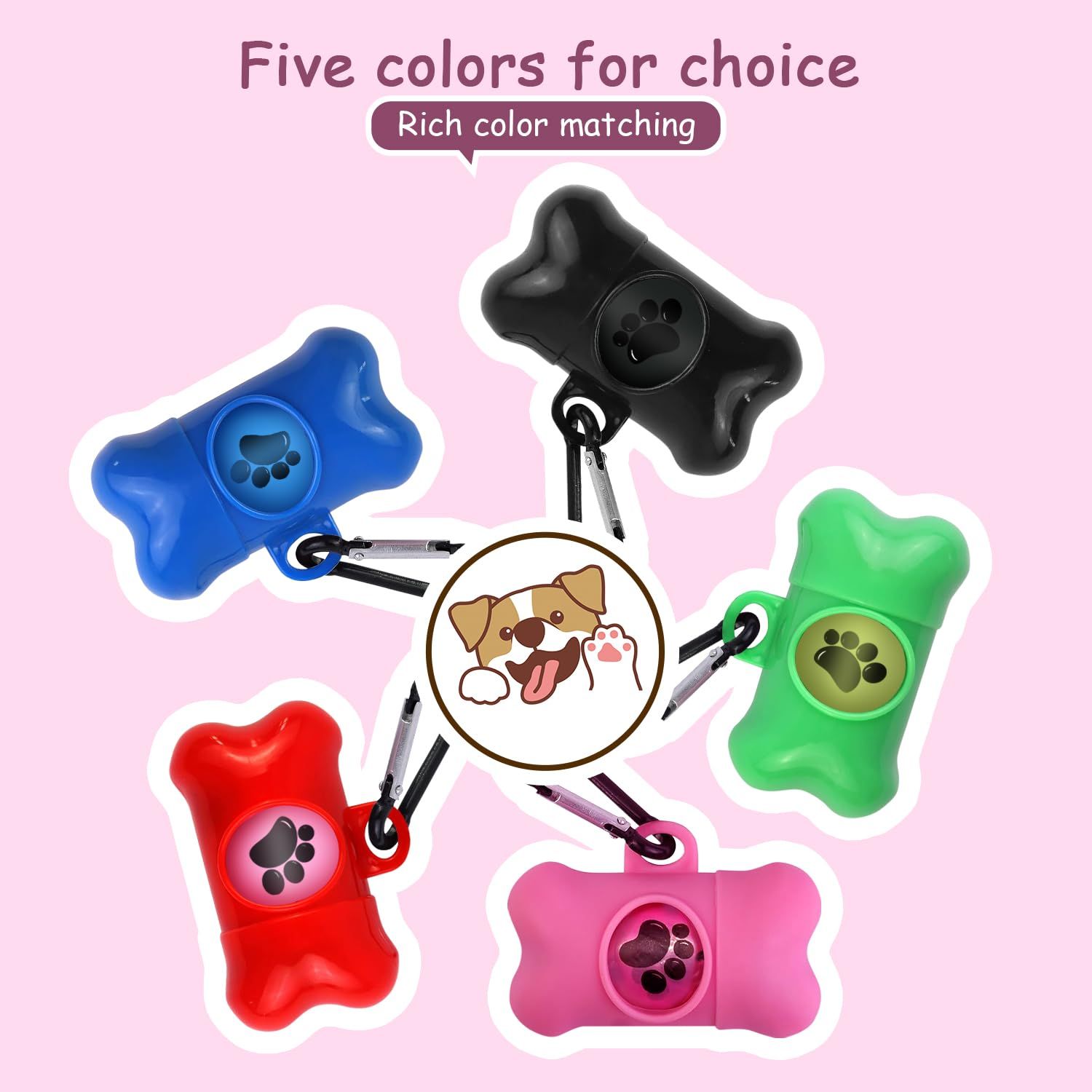 Dog Poop Bags Dispenser with Carabiner Clip, Doggy Poop Bag Holders for Leashes Include 1 Roll (15 Bags) Leak-Proof Large Lavender Scented Doggie Pet Waste Bags, Dog Accessories Girl, Pink