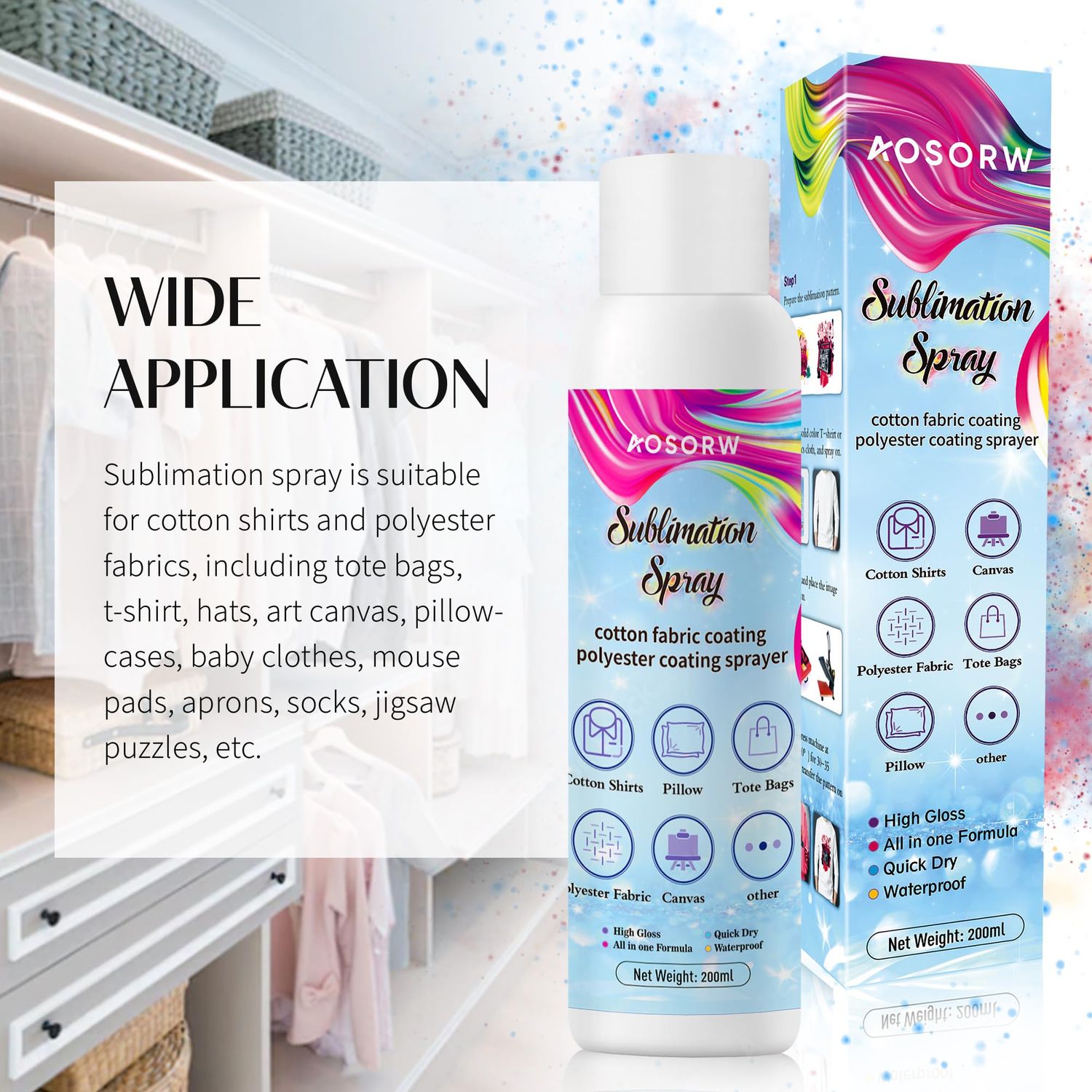 AOSORW Sublimation Spray for Cotton Shirts: Sublimation Coating Supplies for T-Shirts Canvas Polyester (6.76 oz / 200 mL)