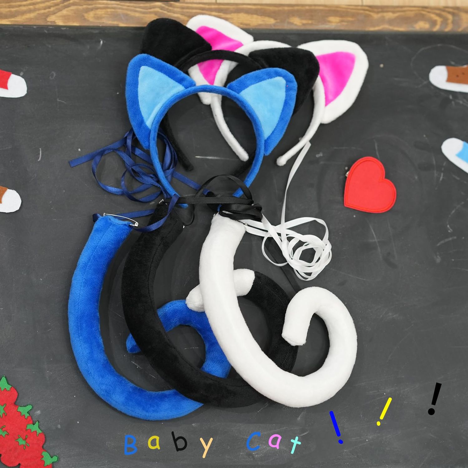 DDazzling Blue Cat Ears Headband and Tail Set Read Book Day Dress Up,Halloween Cat Costume Family Accessories (Blue)