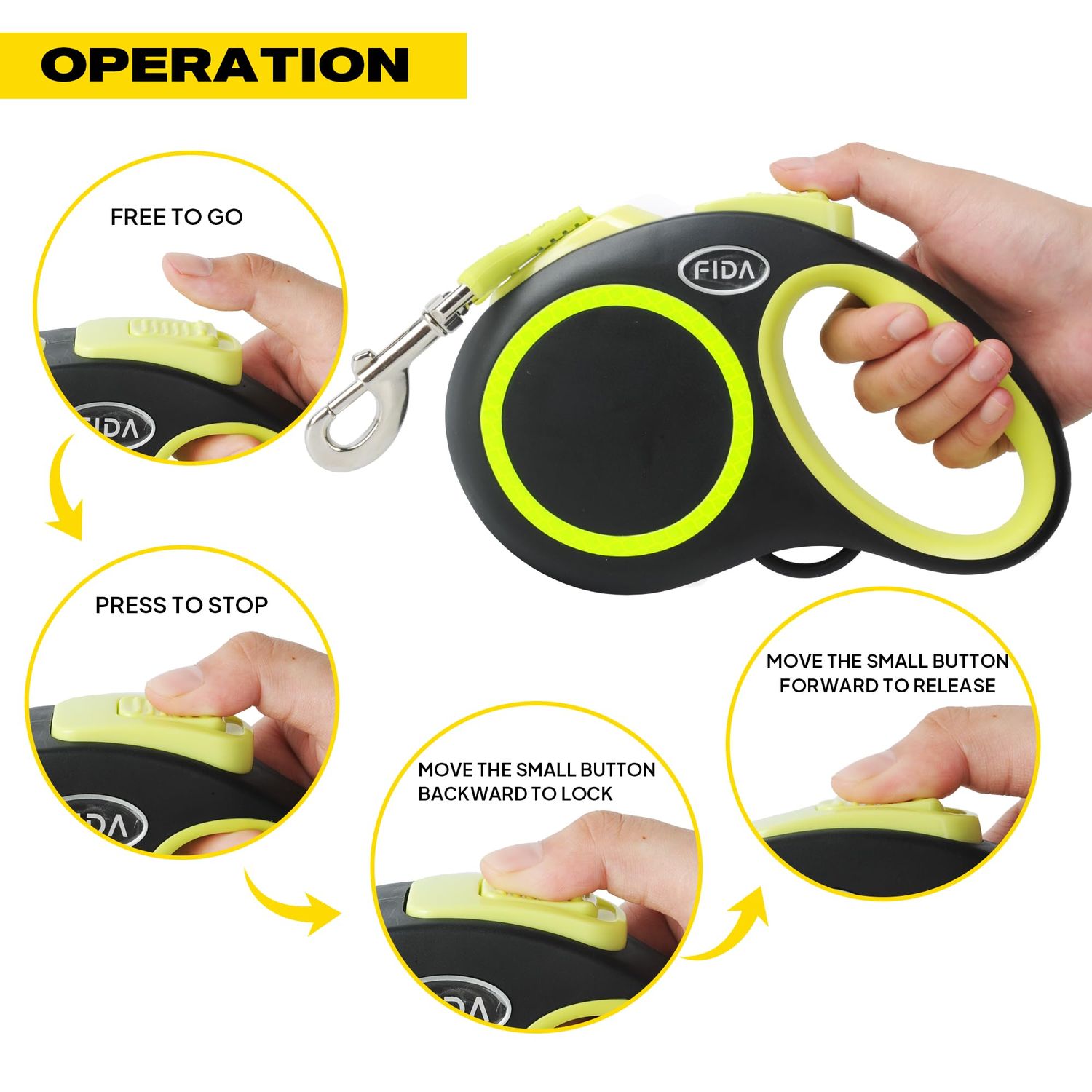 Fida Retractable Dog Leash, Reflective 16ft Heavy Duty Pet Walking Leash for Small/Medium Dog up to 26 lbs, Tangle Free. One-Hand Brake (Small, Neon Yellow)